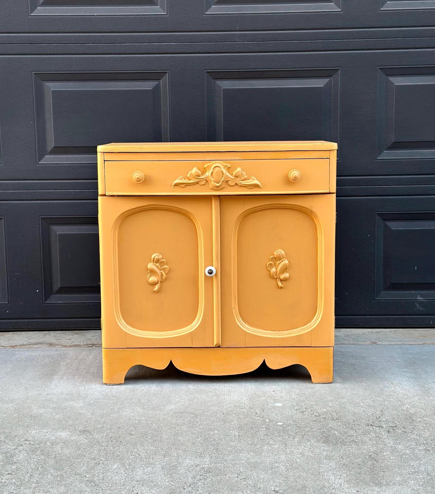 Vintage Early 20th Century Yellow Painted Solid Wood Sink Vanity Cabinet - Installation Ready