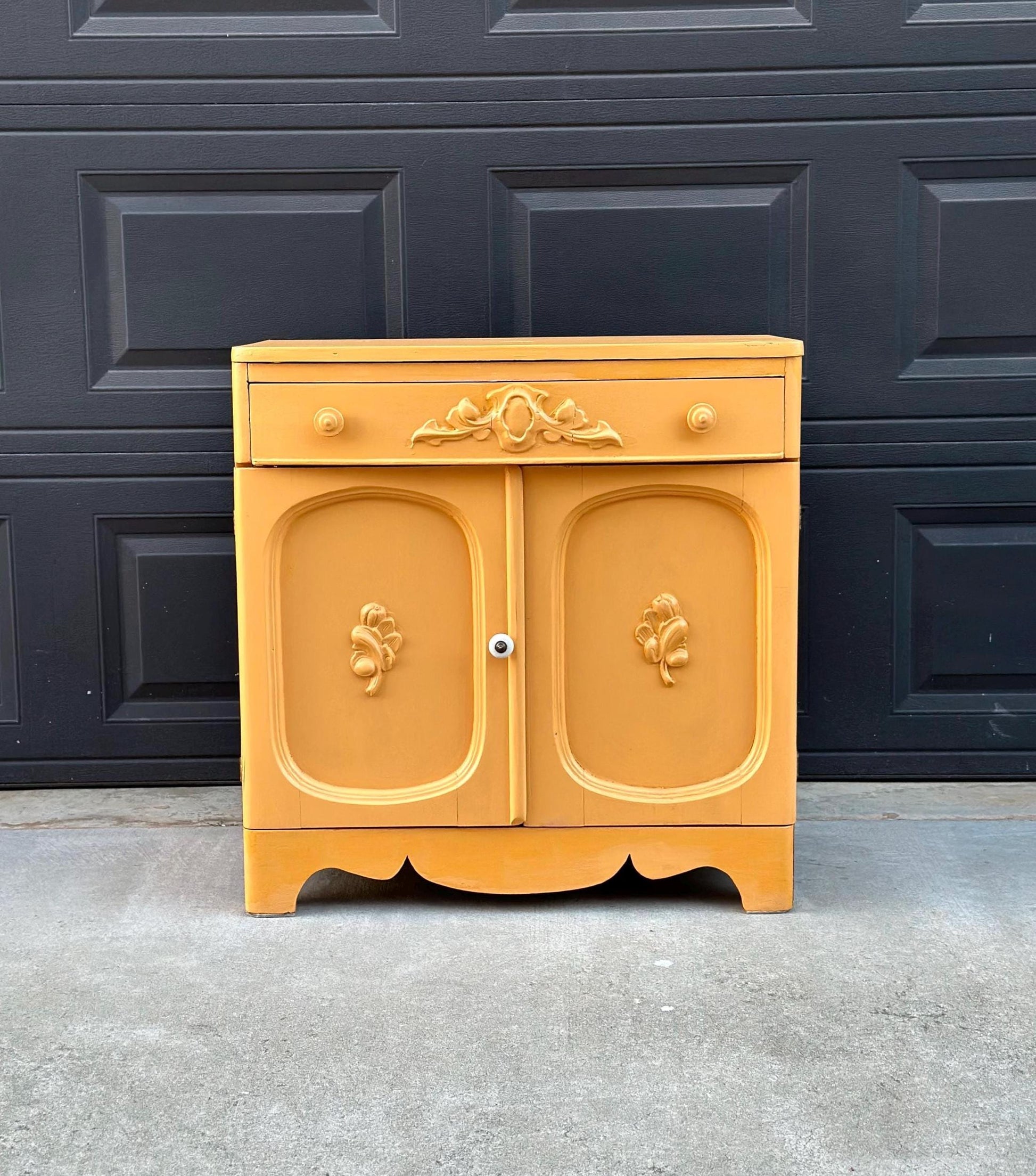 Vintage Early 20th Century Yellow Painted Solid Wood Sink Vanity Cabinet - Installation Ready