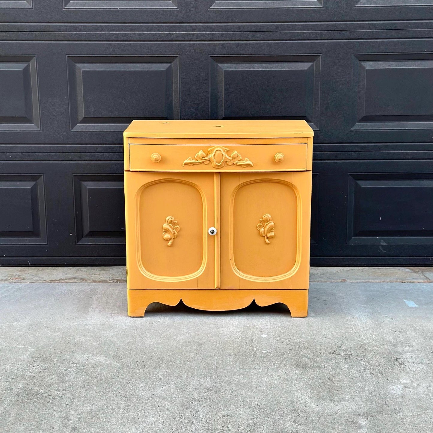 Vintage Early 20th Century Yellow Painted Solid Wood Sink Vanity Cabinet - Installation Ready