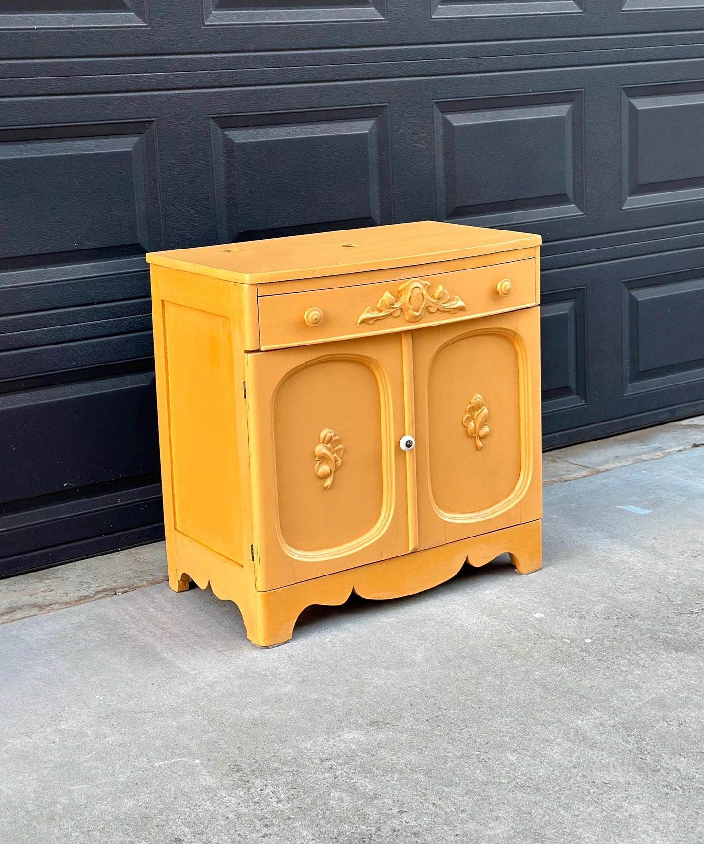 Vintage Early 20th Century Yellow Painted Solid Wood Sink Vanity Cabinet - Installation Ready