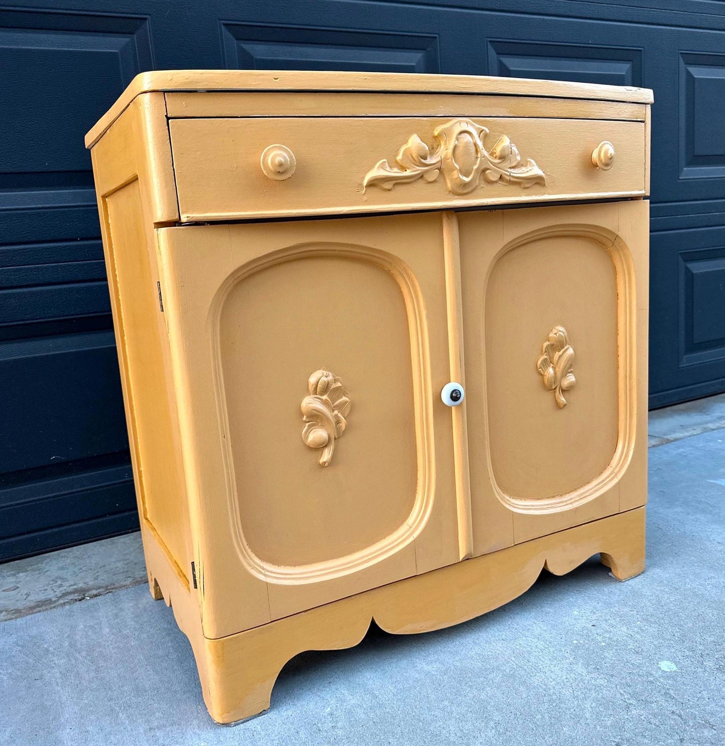 Vintage Early 20th Century Yellow Painted Solid Wood Sink Vanity Cabinet - Installation Ready