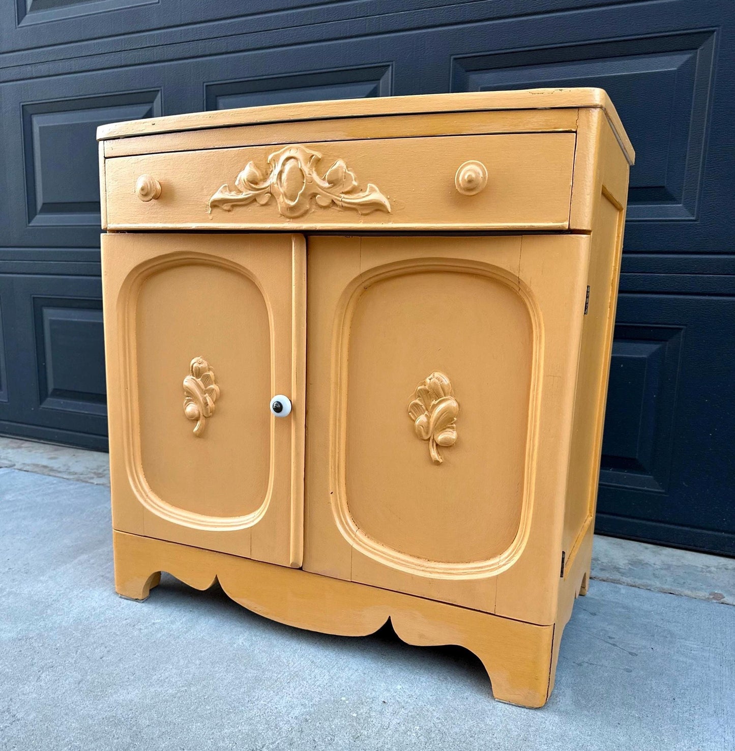 Vintage Early 20th Century Yellow Painted Solid Wood Sink Vanity Cabinet - Installation Ready