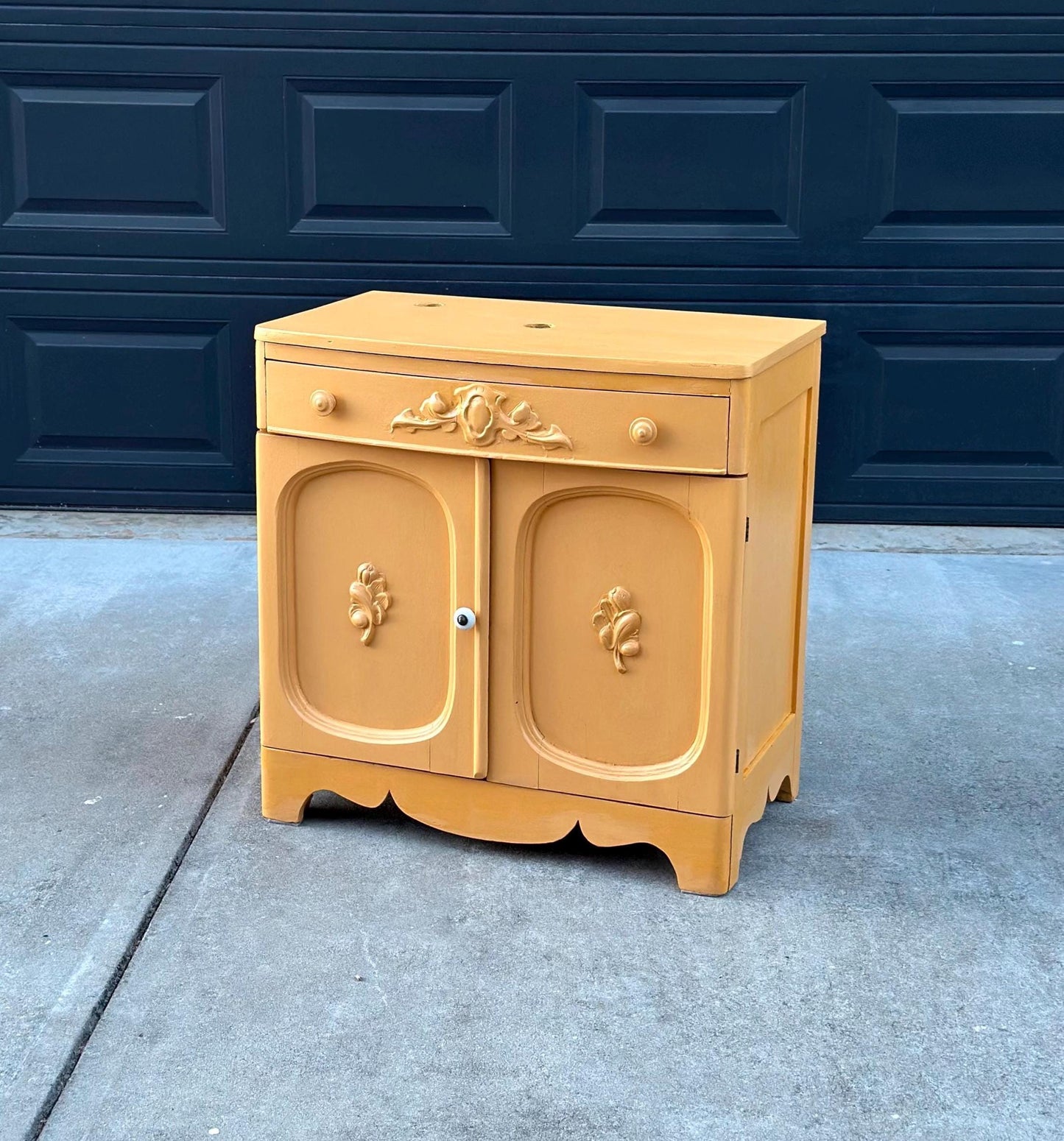 Vintage Early 20th Century Yellow Painted Solid Wood Sink Vanity Cabinet - Installation Ready