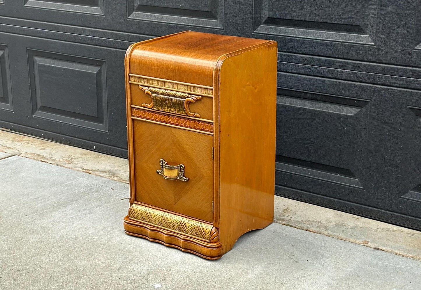 Antique Early 1900's Burl Wood Medallion Walnut Small Accent Table with Cabinet