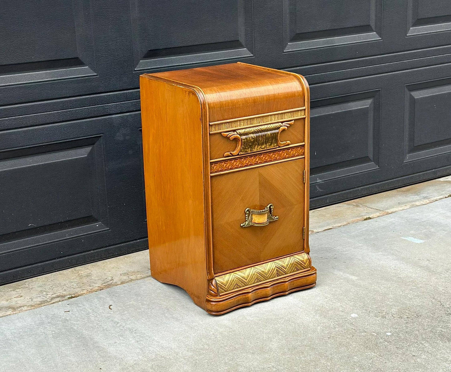 Antique Early 1900's Burl Wood Medallion Walnut Small Accent Table with Cabinet