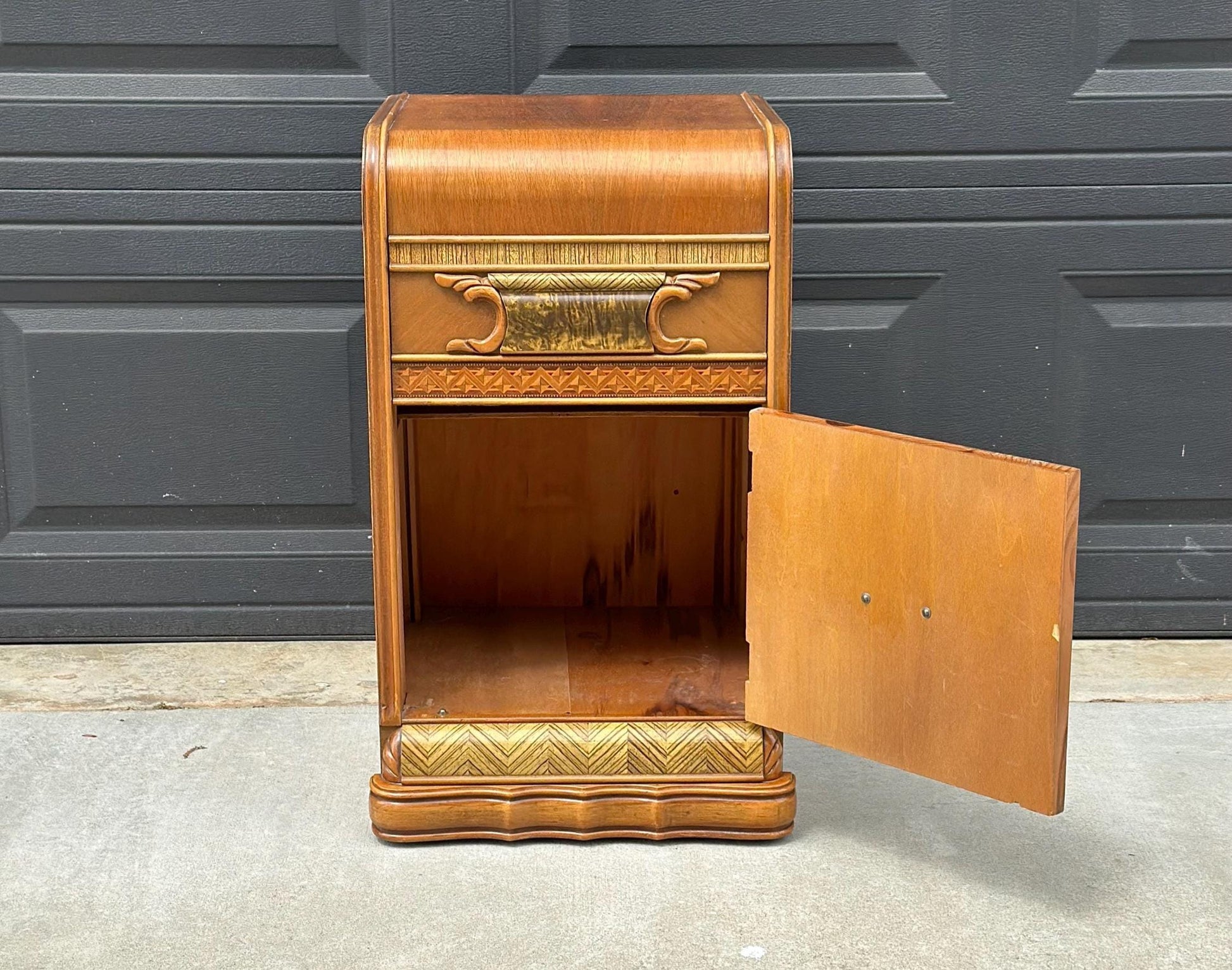 Antique Early 1900's Burl Wood Medallion Walnut Small Accent Table with Cabinet