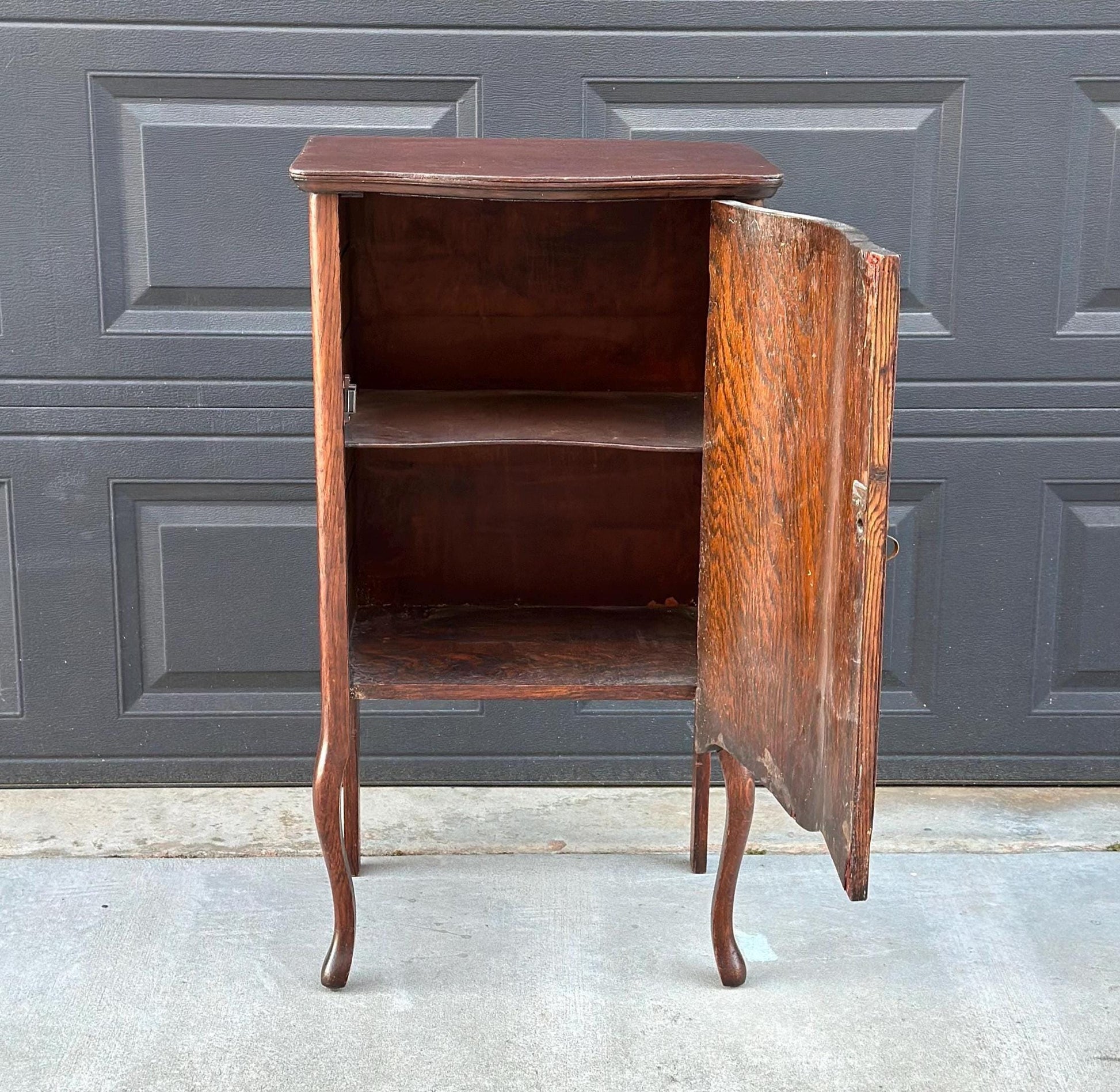 Antique Early 1900's Tall Tiger Oak Table Enclosed Storage Cabinet