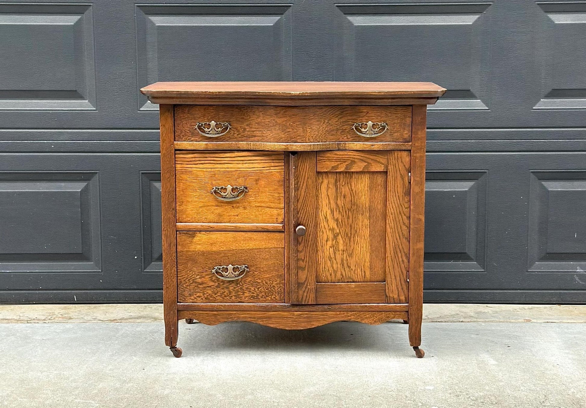 Antique Late 1900's Solid Tiger Oak Wood Storage Accent Chest with Drawers & Cabinet on Casters