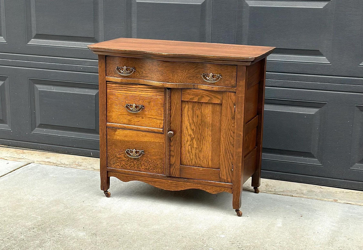 Antique Late 1900's Solid Tiger Oak Wood Storage Accent Chest with Drawers & Cabinet on Casters