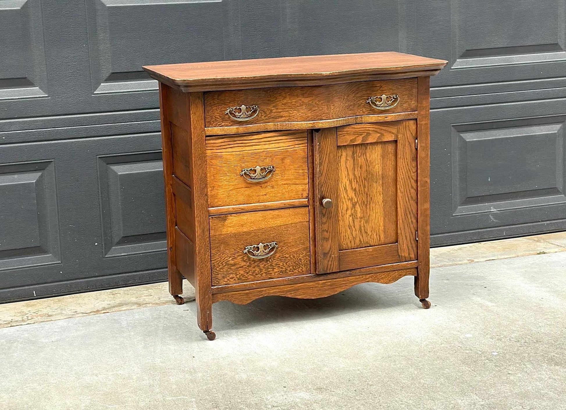 Antique Late 1900's Solid Tiger Oak Wood Storage Accent Chest with Drawers & Cabinet on Casters