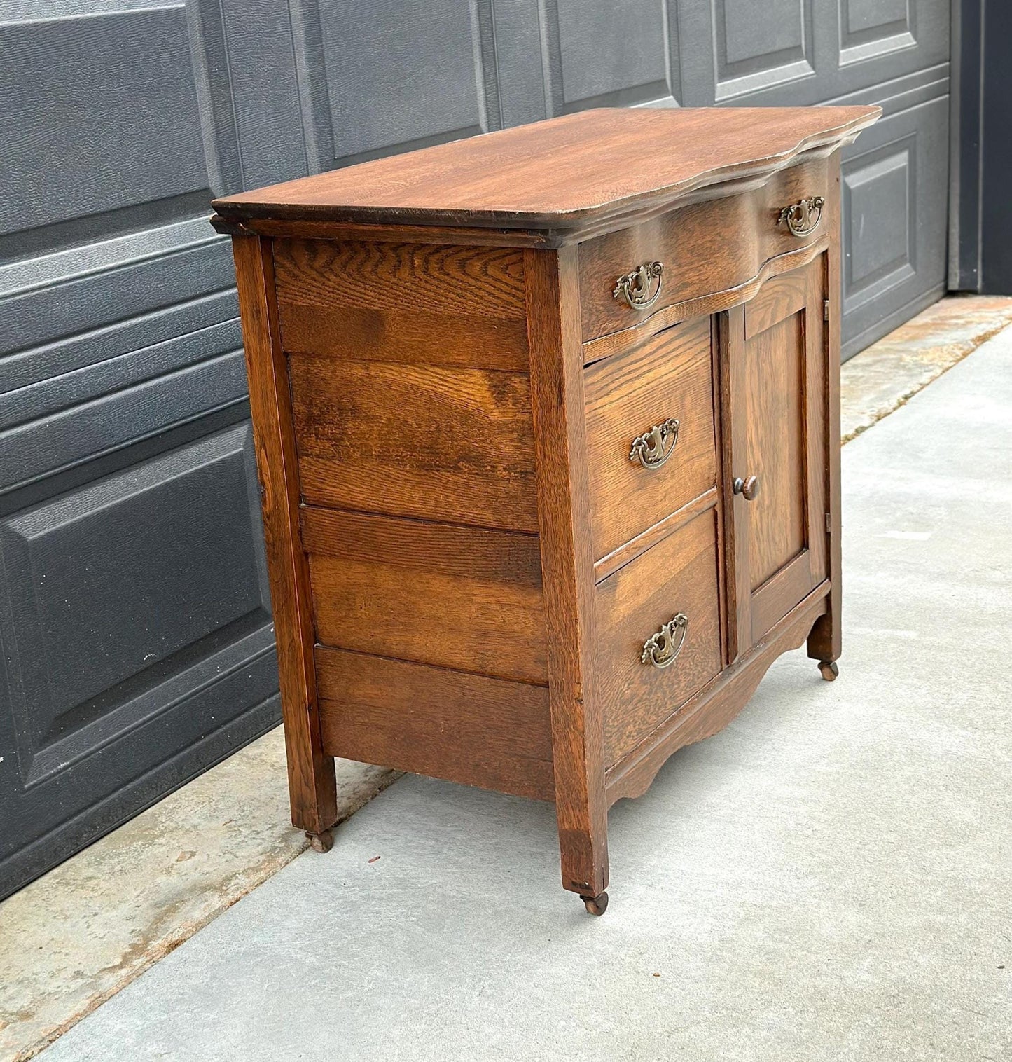 Antique Late 1900's Solid Tiger Oak Wood Storage Accent Chest with Drawers & Cabinet on Casters