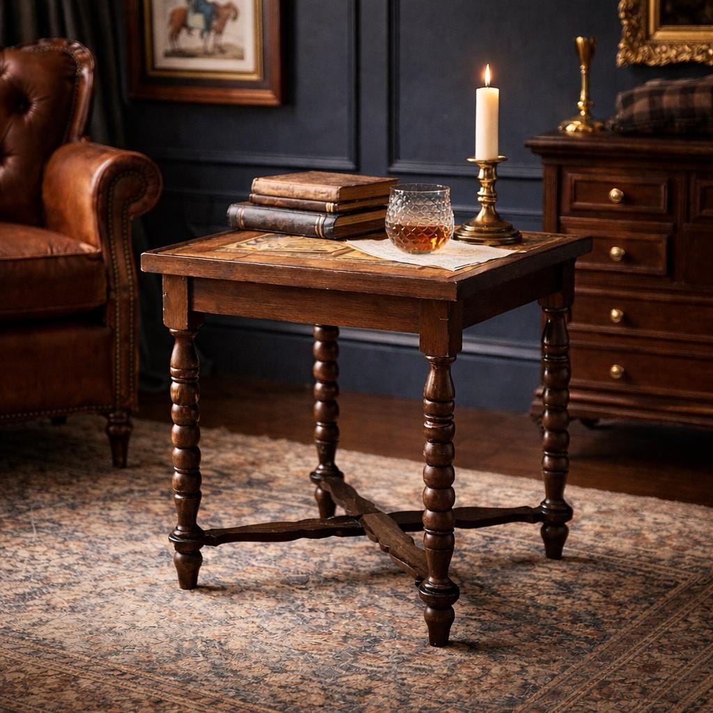 Antique Mid 1800's Emil Ihle Intricate Burl Wood Inlay Turned Leg End Table