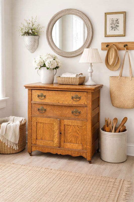 Antique Early 1900's Solid Tiger Oak Accent Storage Arts & Crafts Chest Drawers on Casters