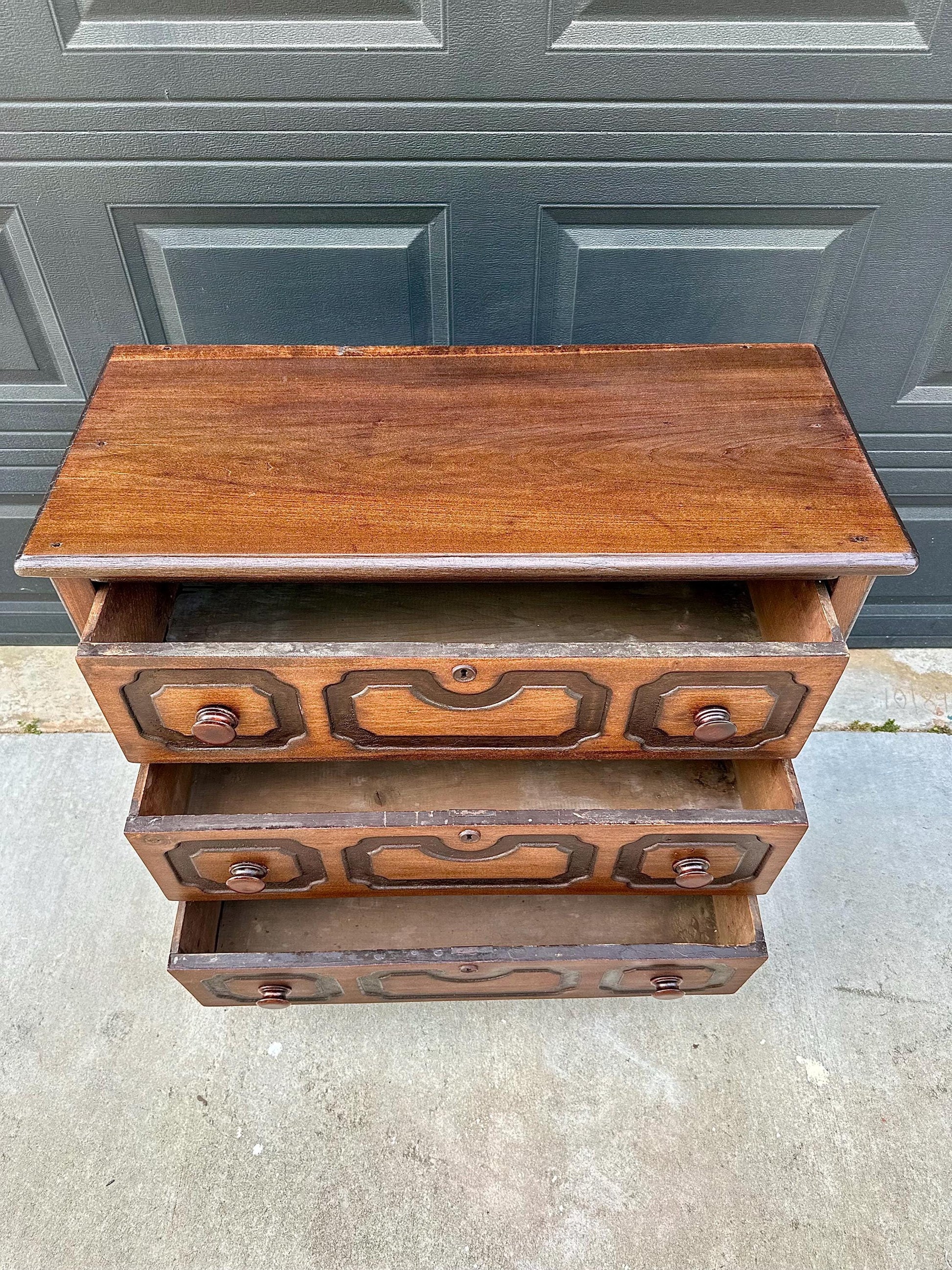 Vintage Late 19th Century Solid Wood Carved Walnut Rustic Storage Dresser on Casters