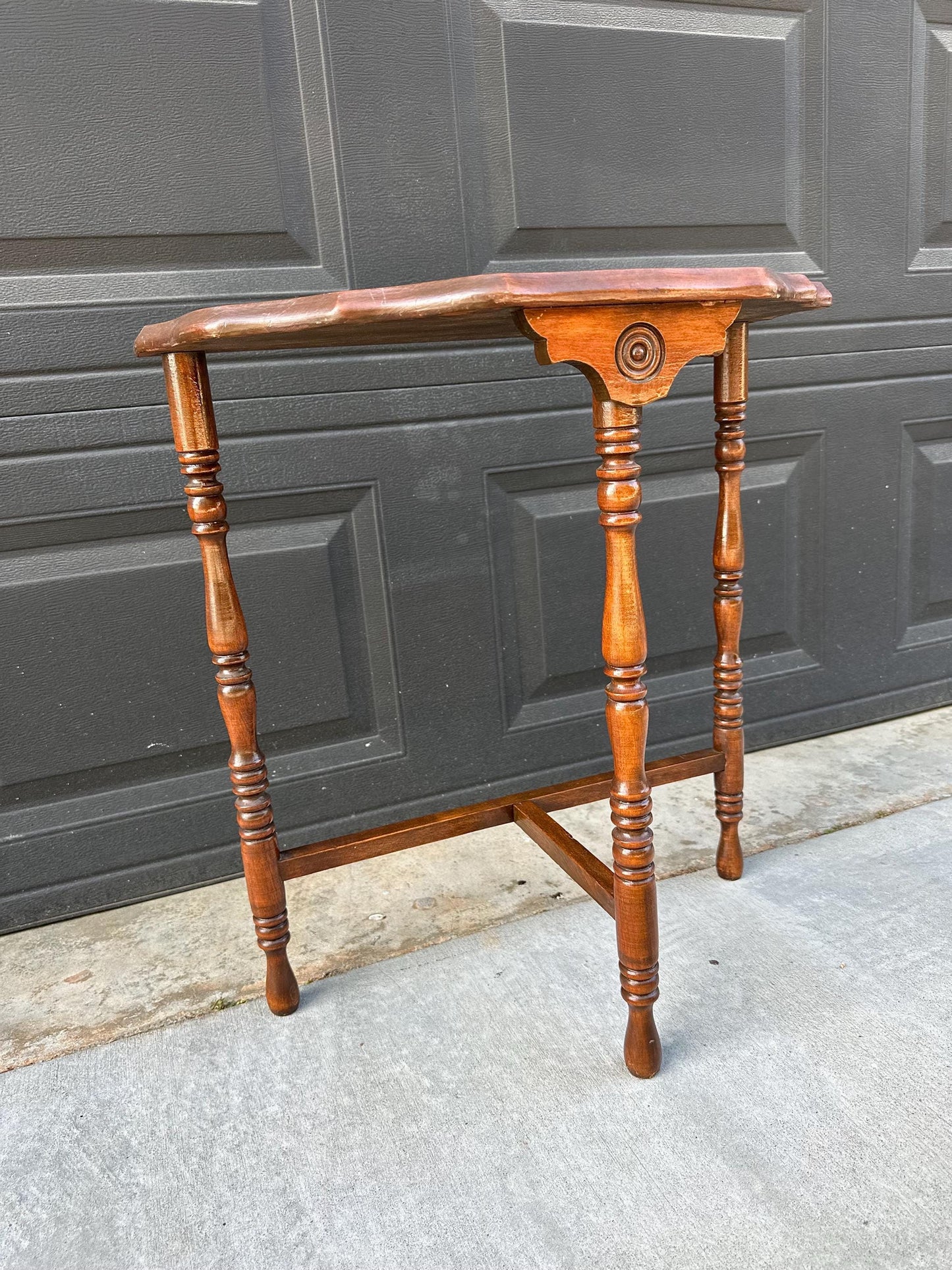 Antique Early 1900's Solid Wood Spindle Leg Small Half Round Light Cherry Accent Table