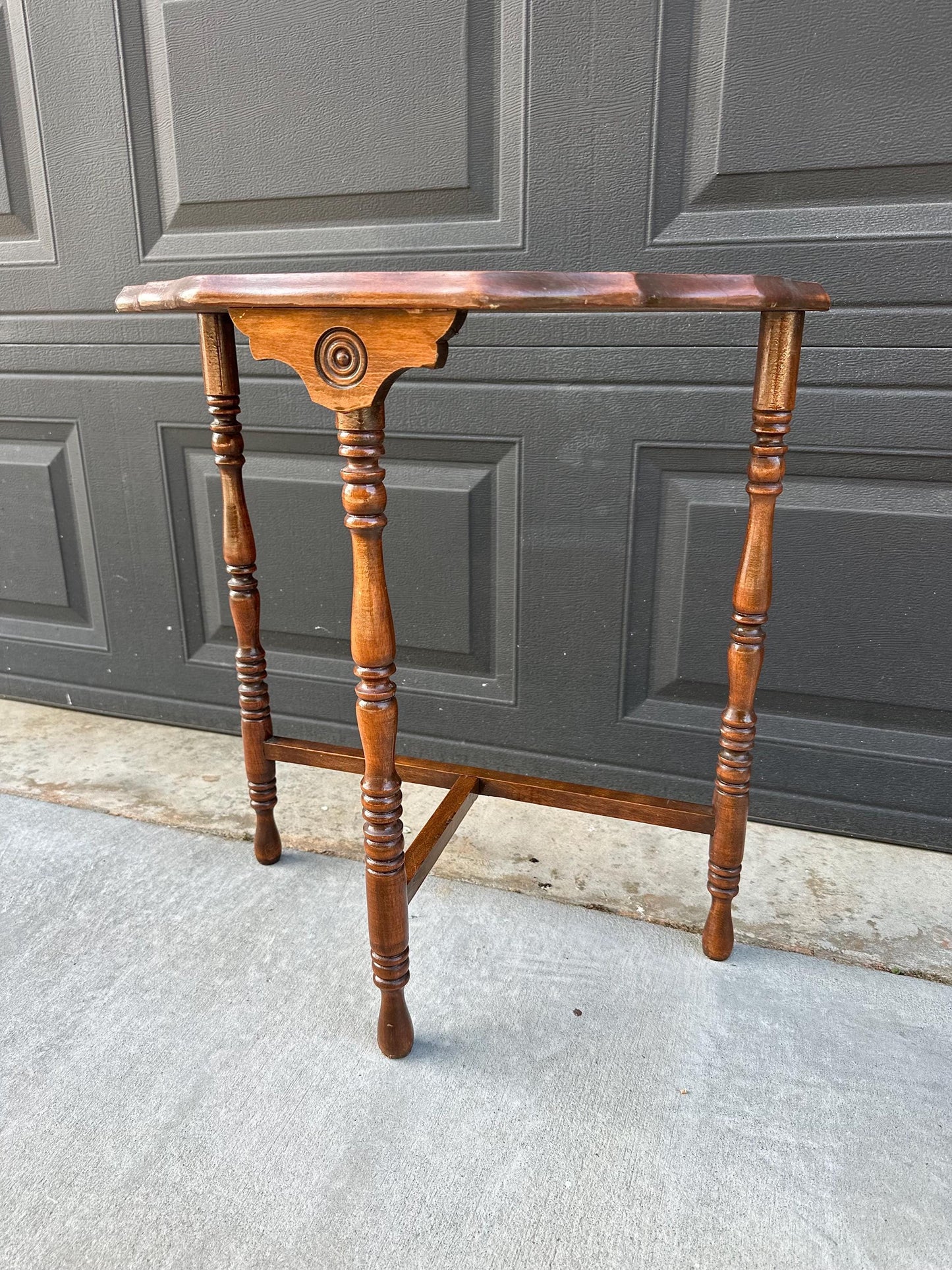 Antique Early 1900's Solid Wood Spindle Leg Small Half Round Light Cherry Accent Table