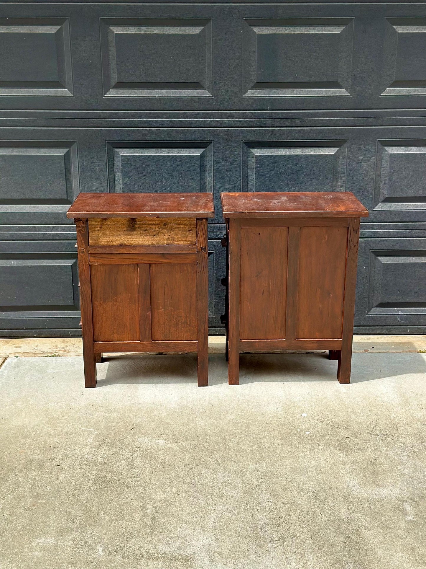Vintage Early 20th Century Craftsman Walnut Wood Extending Side Tables with Skeleton Key & Drawer Storage - a Pair