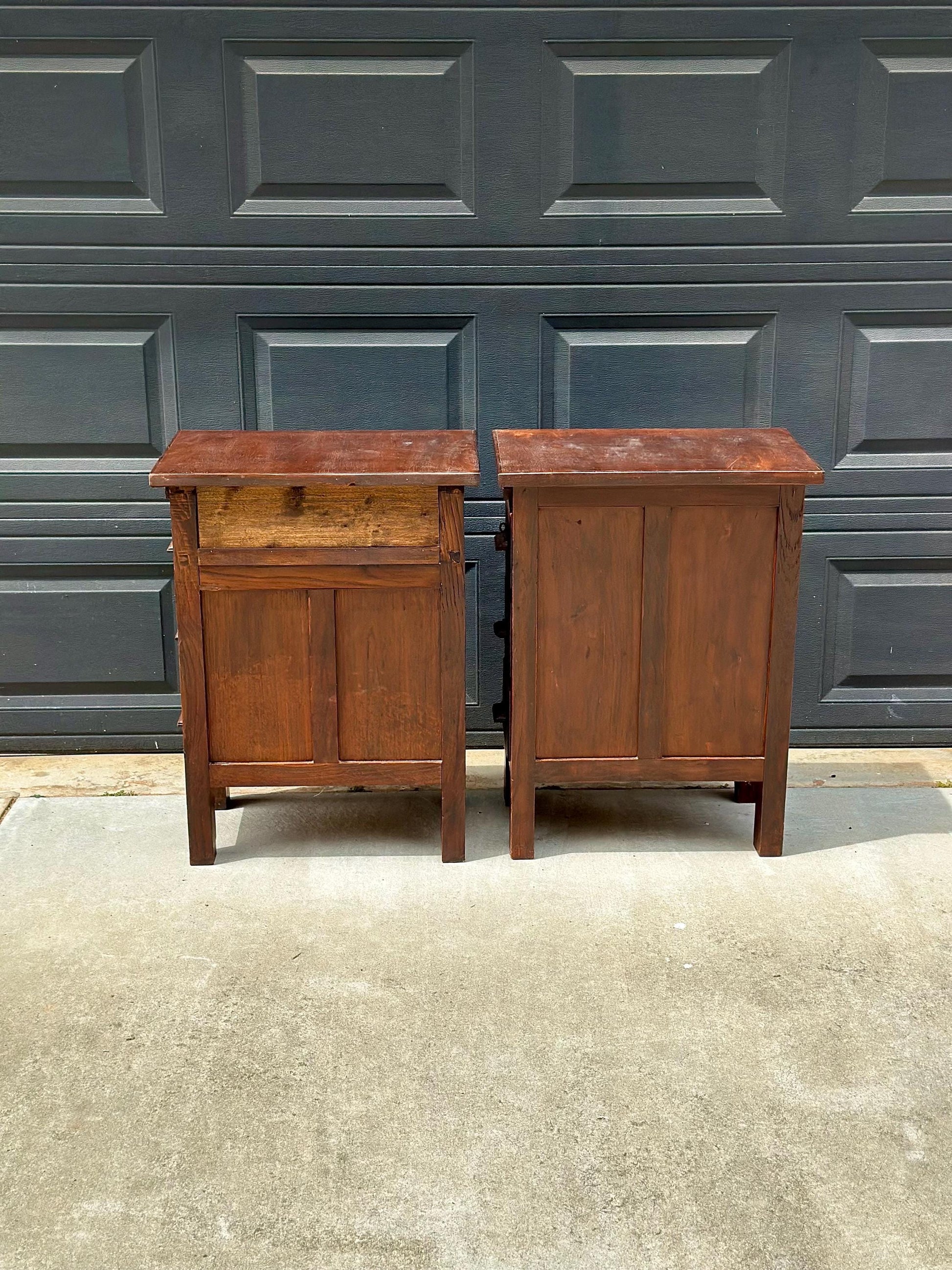Vintage Early 20th Century Craftsman Walnut Wood Extending Side Tables with Skeleton Key & Drawer Storage - a Pair
