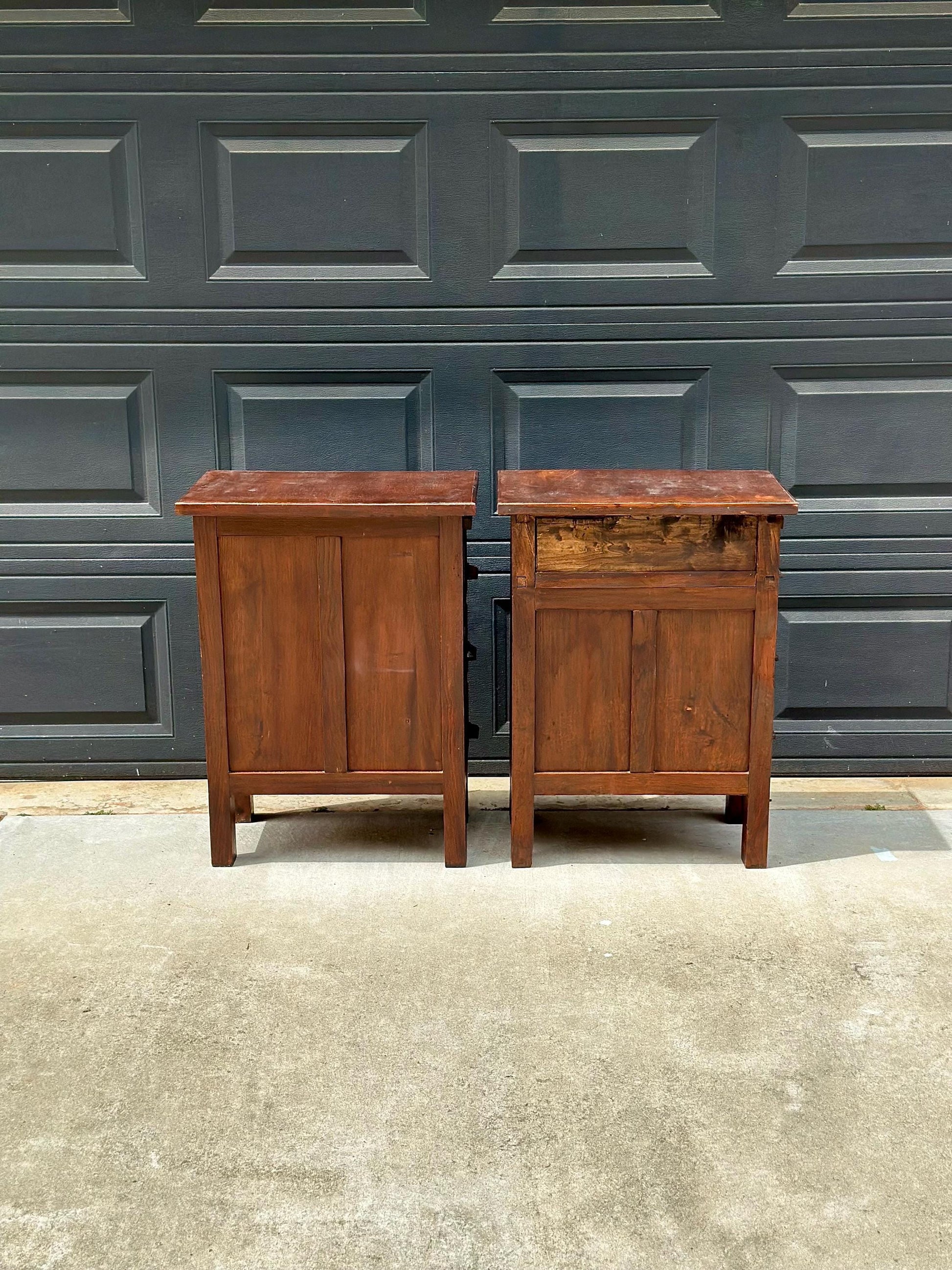 Vintage Early 20th Century Craftsman Walnut Wood Extending Side Tables with Skeleton Key & Drawer Storage - a Pair