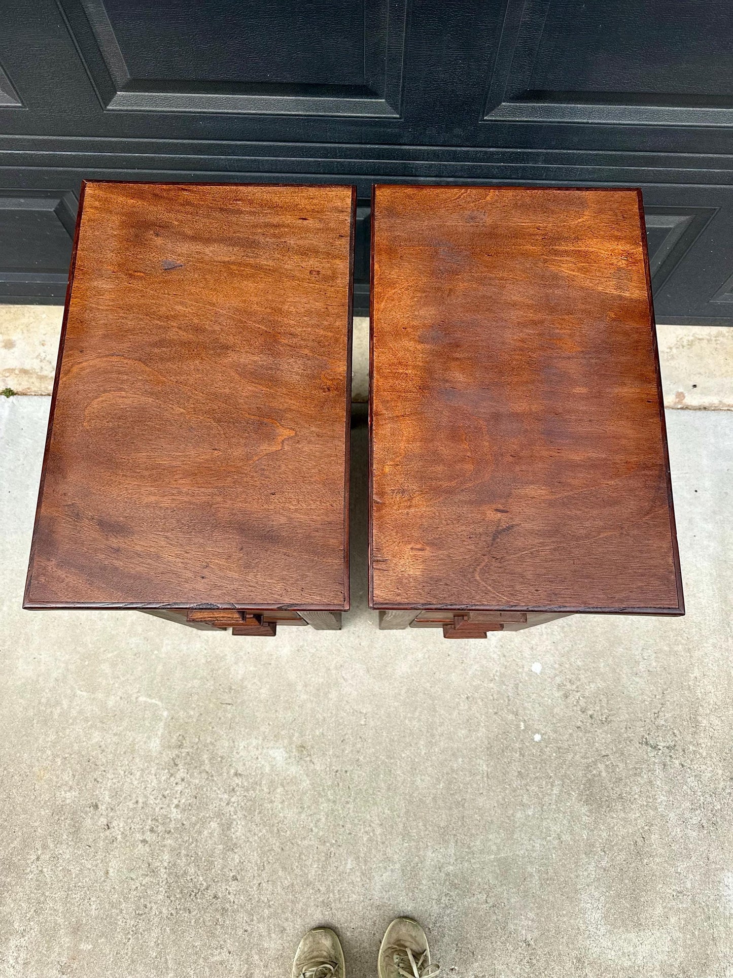 Vintage Early 20th Century Craftsman Walnut Wood Extending Side Tables with Skeleton Key & Drawer Storage - a Pair
