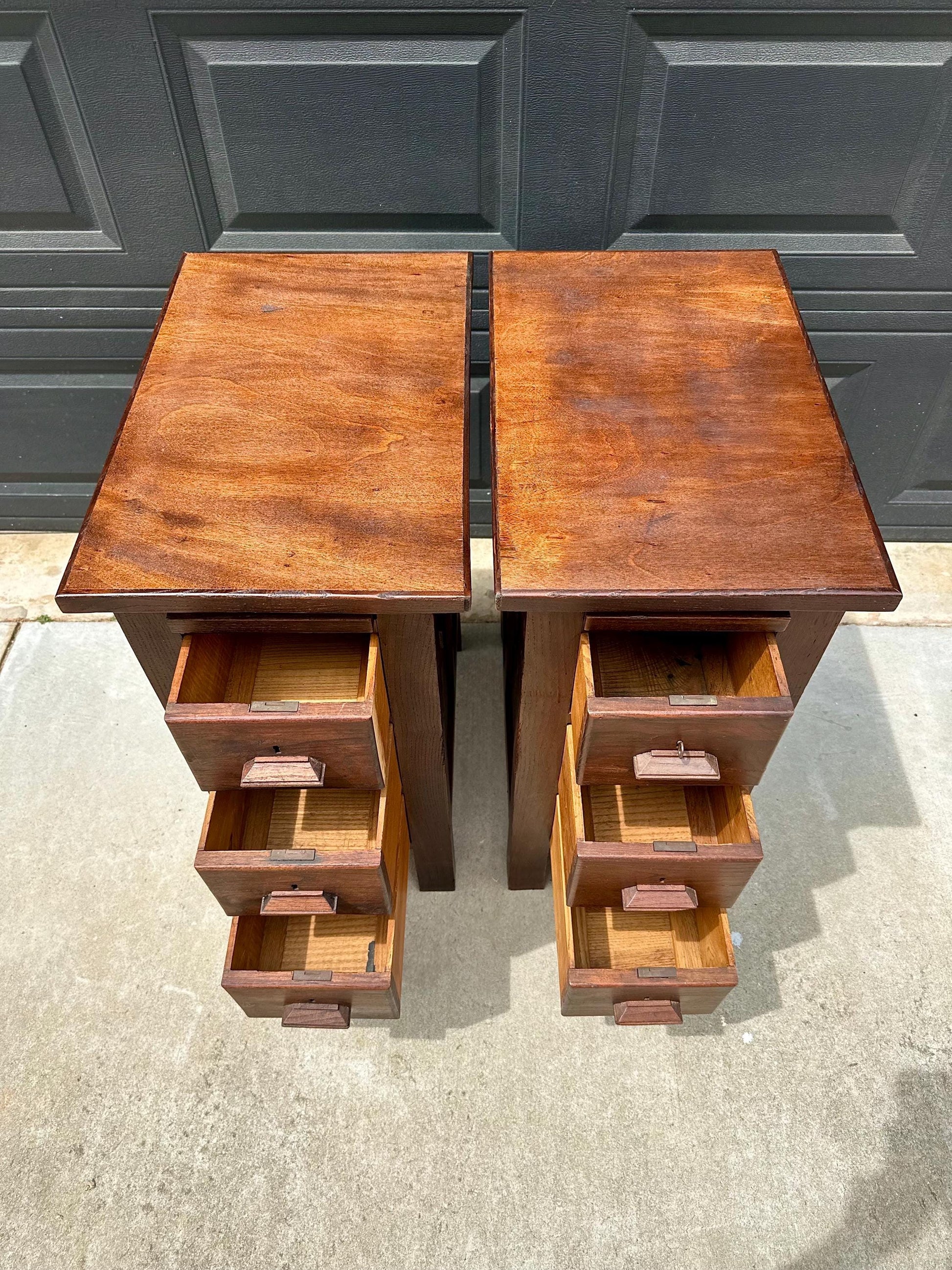 Vintage Early 20th Century Craftsman Walnut Wood Extending Side Tables with Skeleton Key & Drawer Storage - a Pair