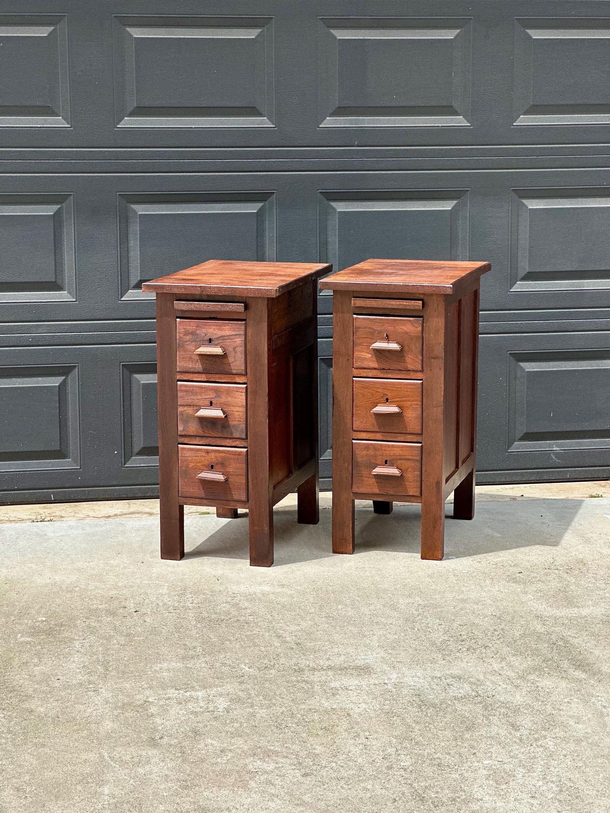 Vintage Early 20th Century Craftsman Walnut Wood Extending Side Tables with Skeleton Key & Drawer Storage - a Pair