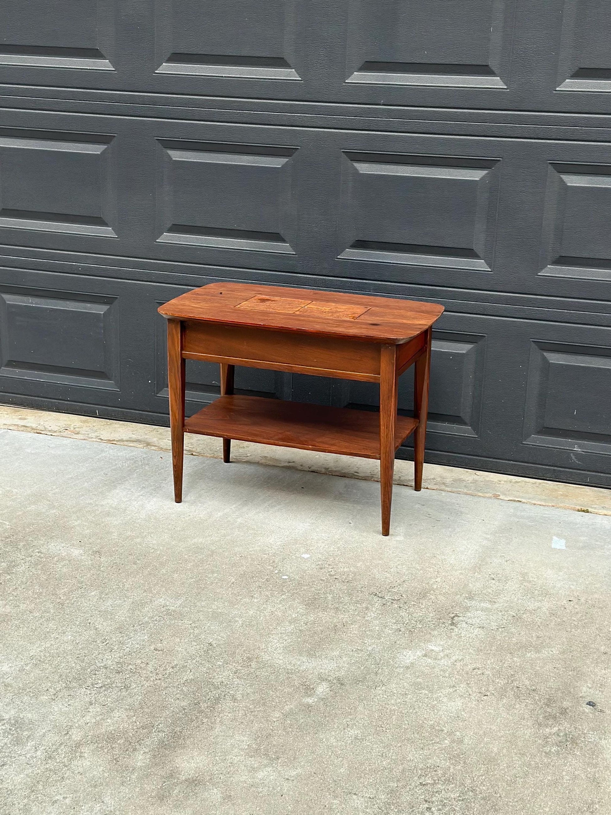 Vintage Mid Century Modern Walnut Side Table Burl Inlay Top – End Table with Shelf Storage