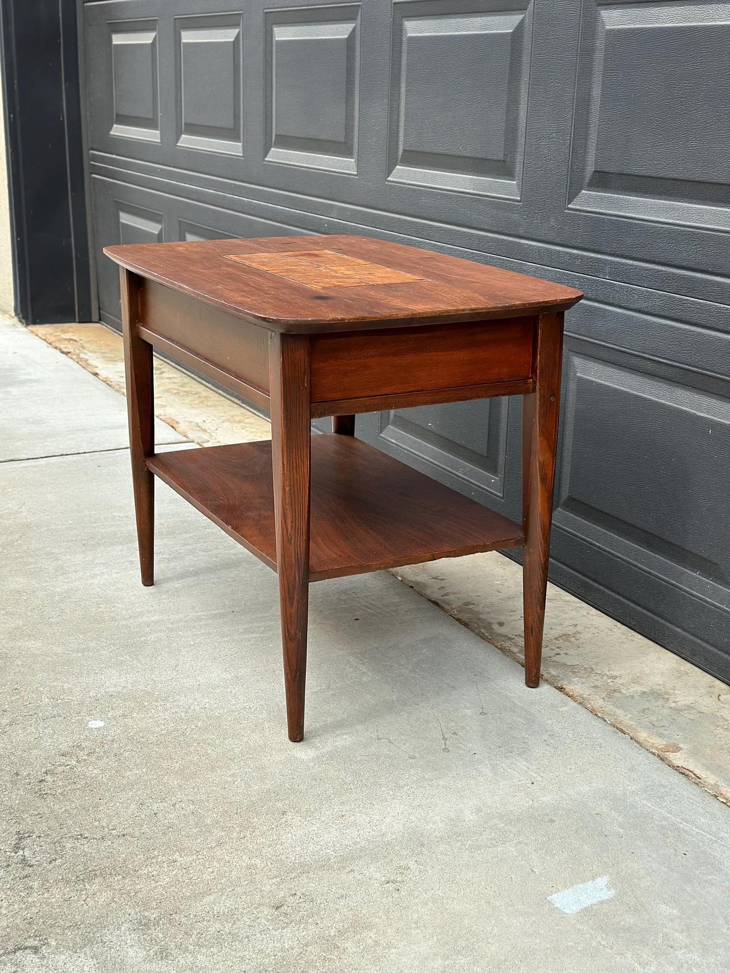 Vintage Mid Century Modern Walnut Side Table Burl Inlay Top – End Table with Shelf Storage