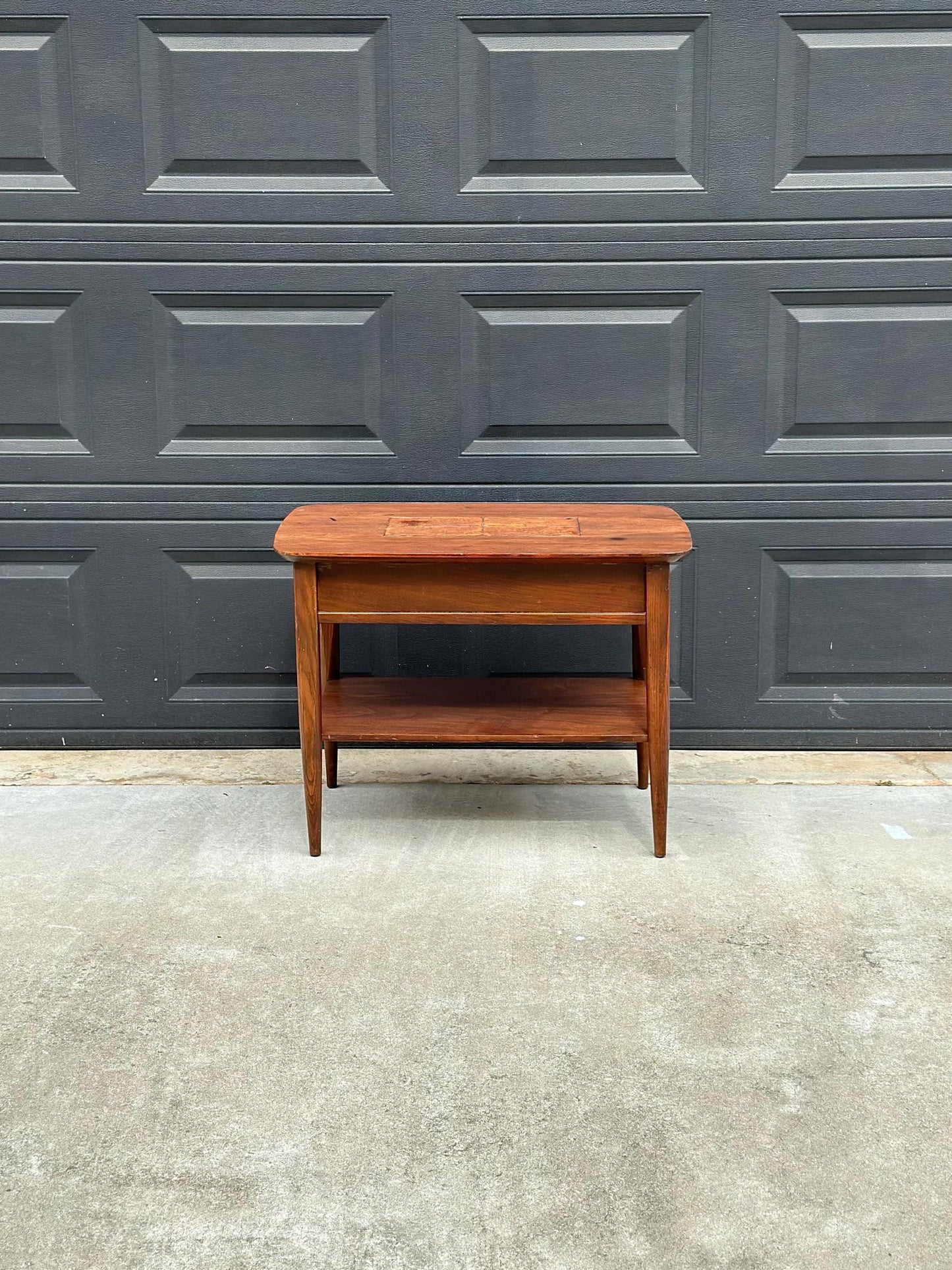 Vintage Mid Century Modern Walnut Side Table Burl Inlay Top – End Table with Shelf Storage