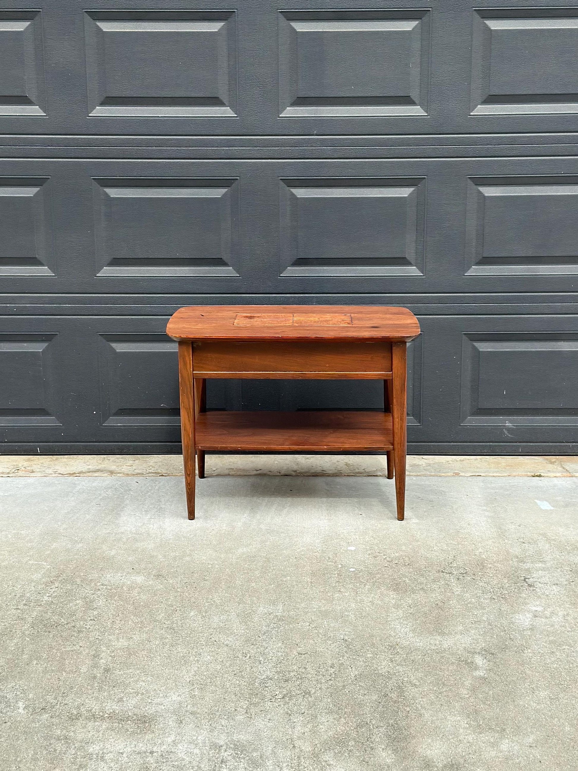 Vintage Mid Century Modern Walnut Side Table Burl Inlay Top – End Table with Shelf Storage
