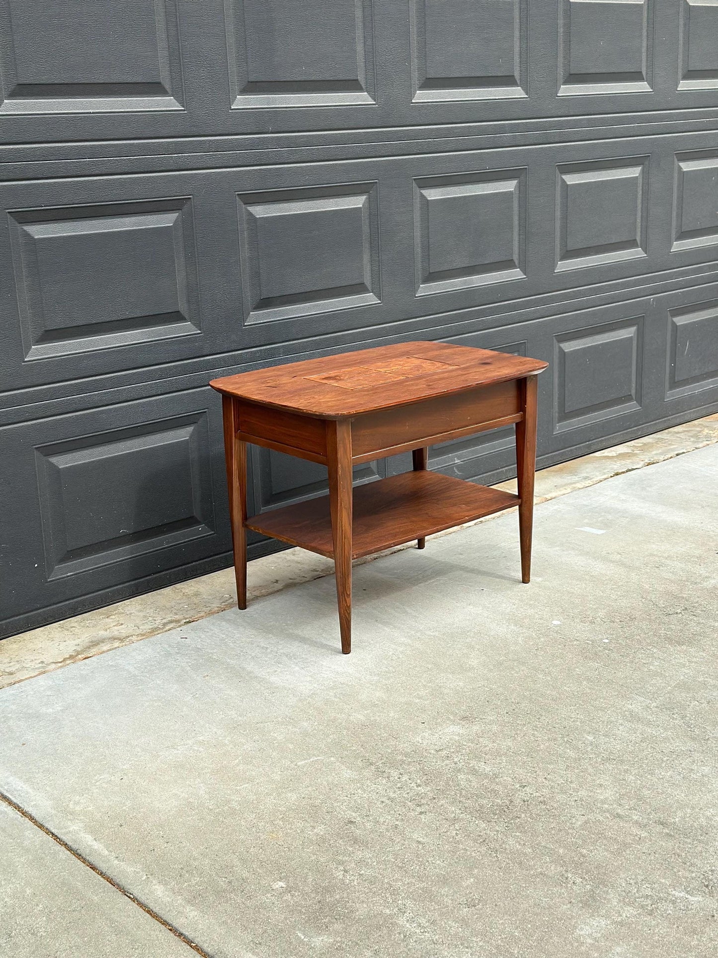 Vintage Mid Century Modern Walnut Side Table Burl Inlay Top – End Table with Shelf Storage