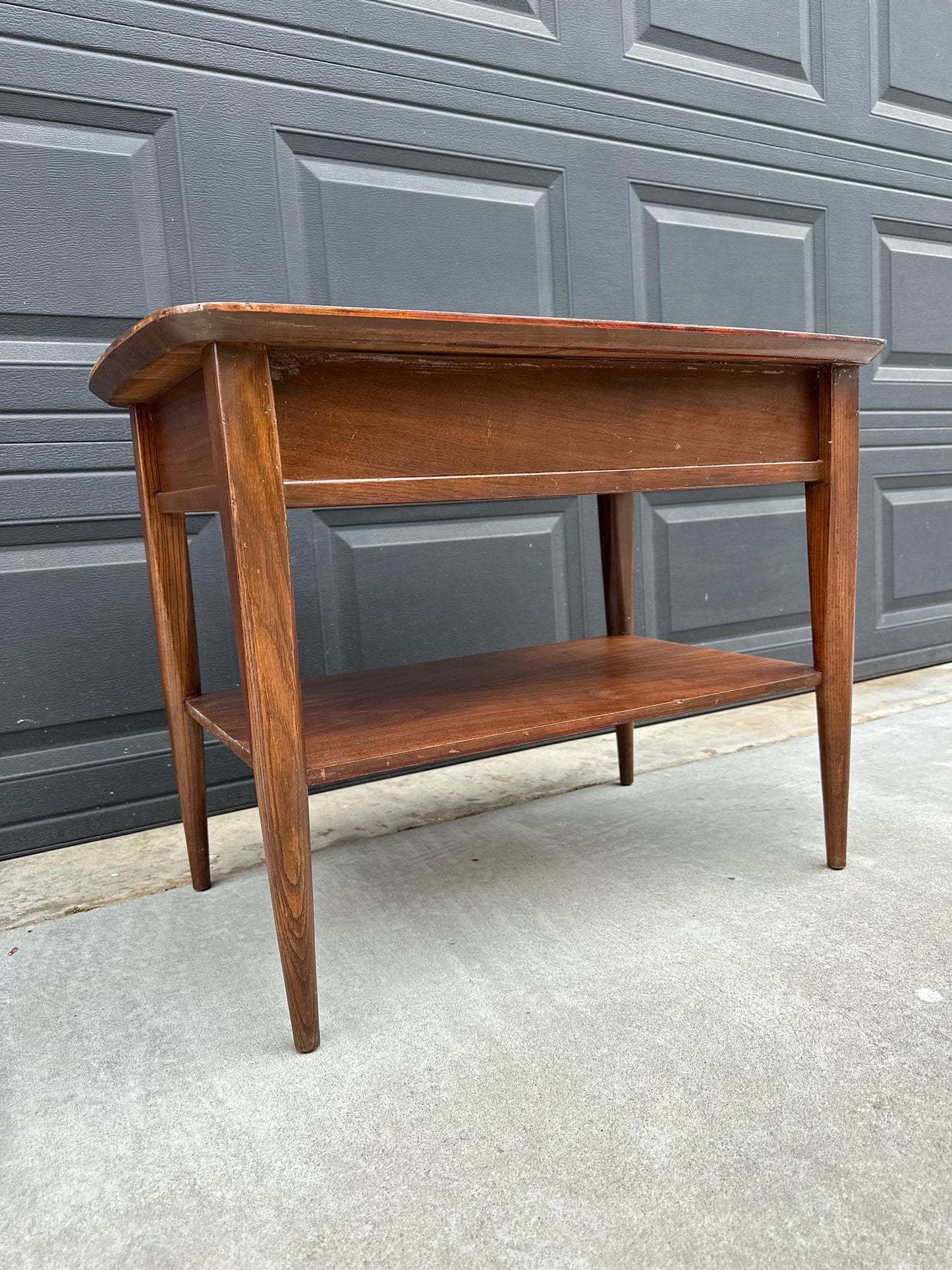 Vintage Mid Century Modern Walnut Side Table Burl Inlay Top – End Table with Shelf Storage