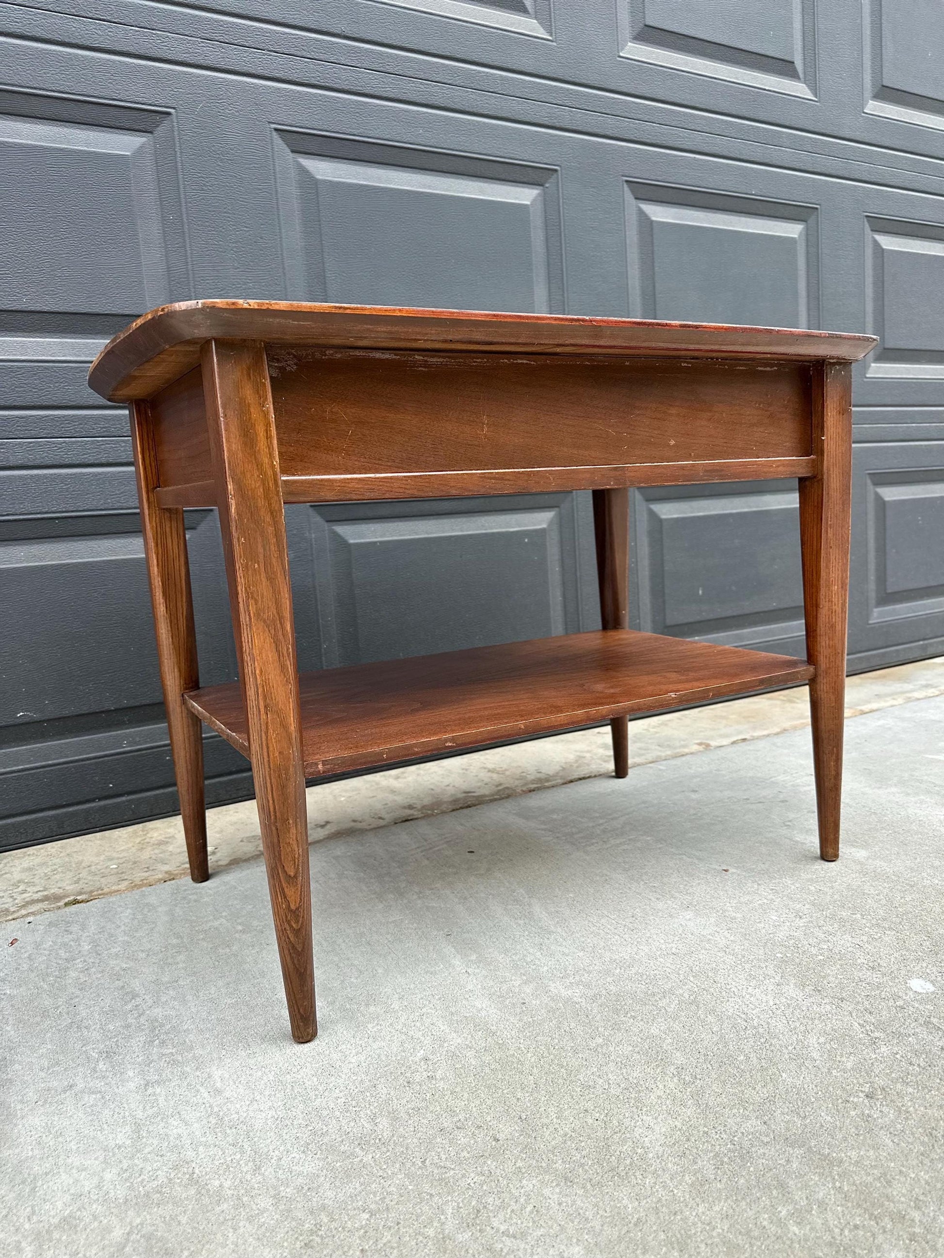 Vintage Mid Century Modern Walnut Side Table Burl Inlay Top – End Table with Shelf Storage