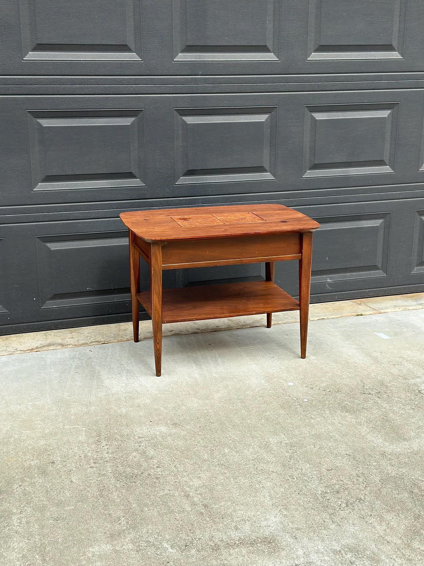 Vintage Mid Century Modern Walnut Side Table Burl Inlay Top – End Table with Shelf Storage
