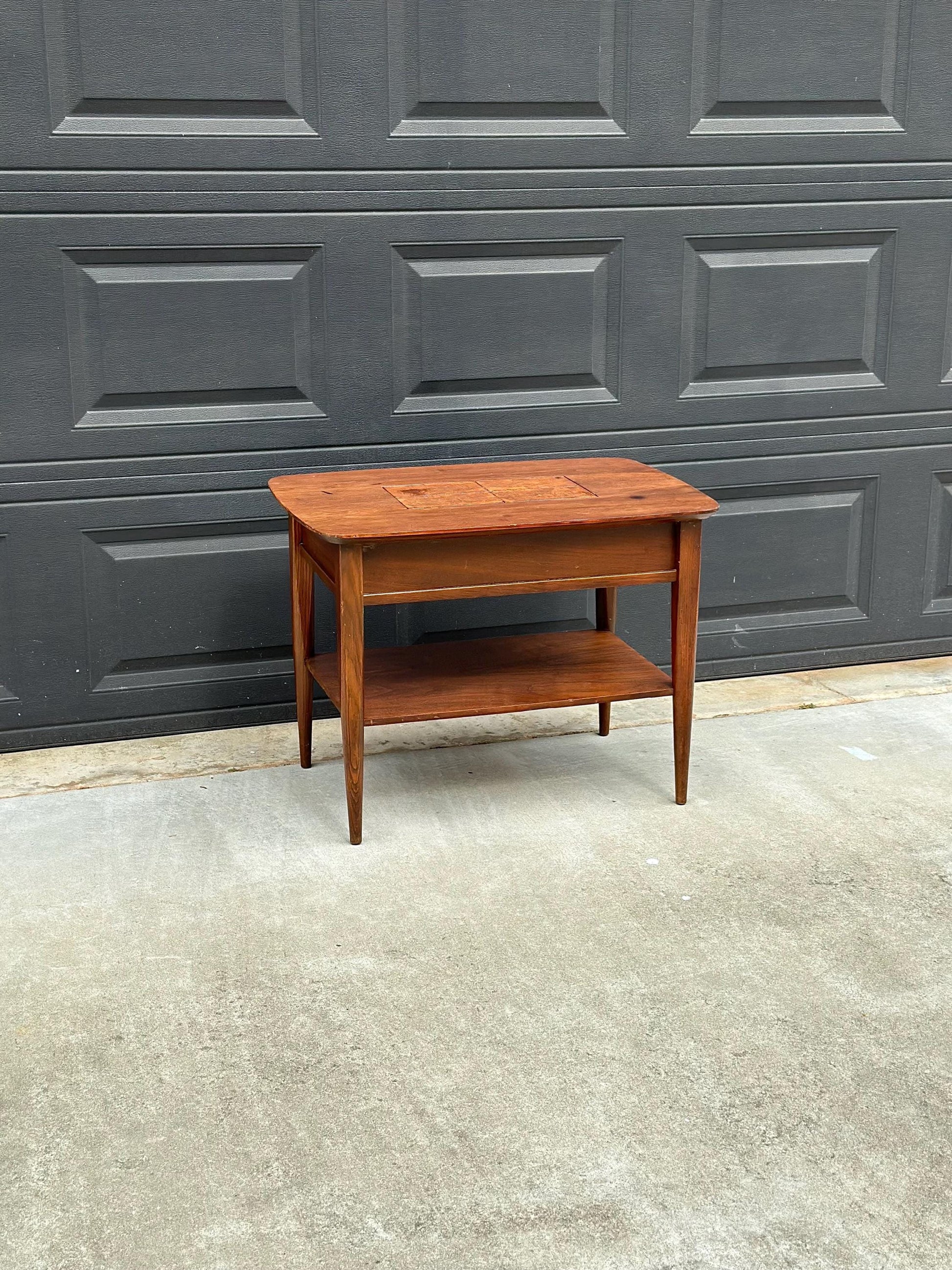 Vintage Mid Century Modern Walnut Side Table Burl Inlay Top – End Table with Shelf Storage