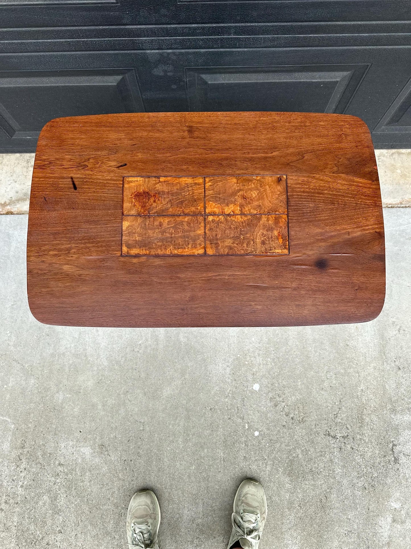 Vintage Mid Century Modern Walnut Side Table Burl Inlay Top – End Table with Shelf Storage