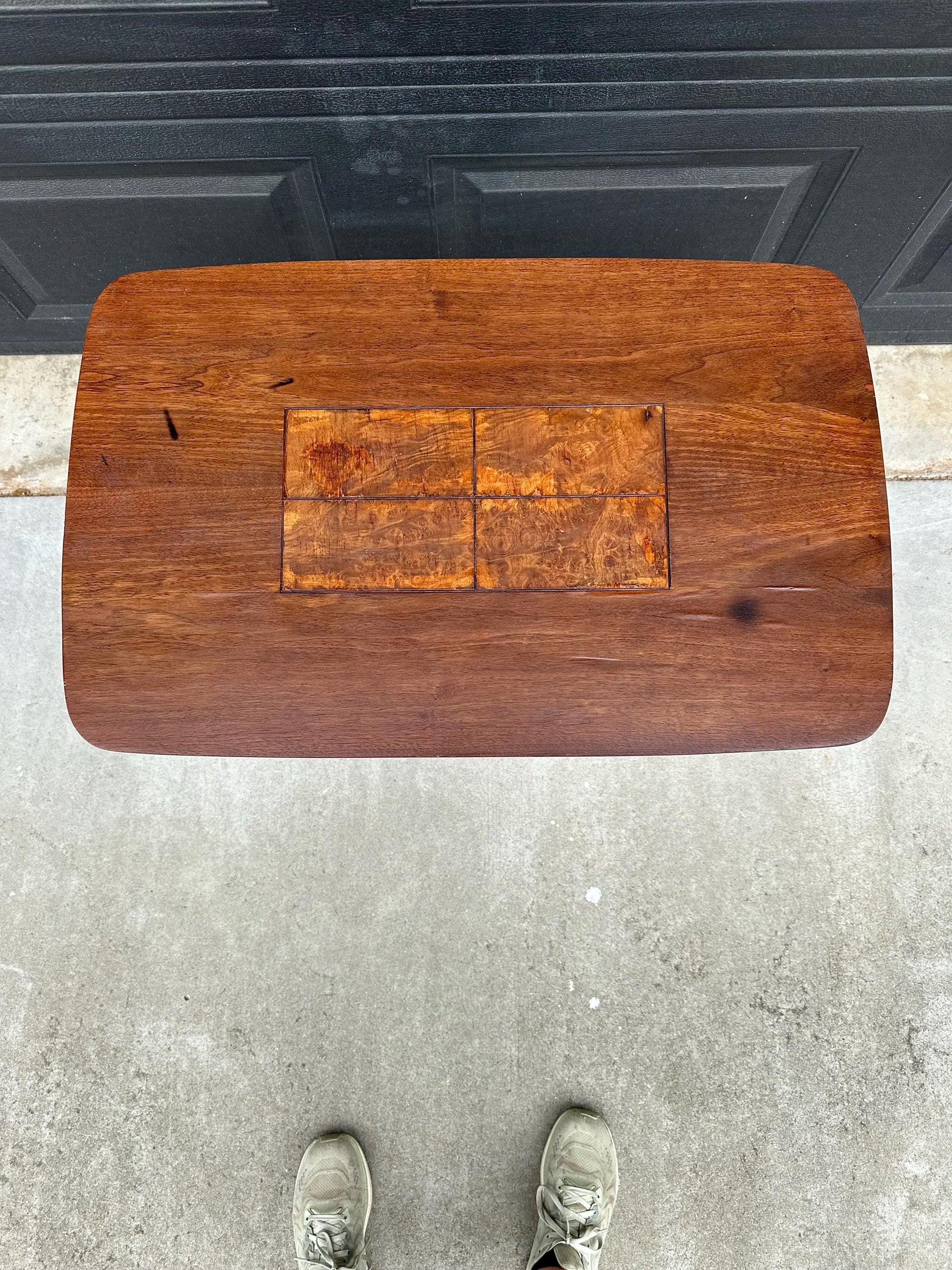 Vintage Mid Century Modern Walnut Side Table Burl Inlay Top – End Table with Shelf Storage