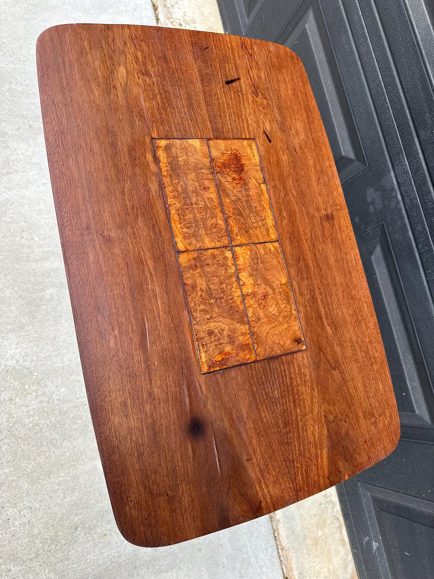 Vintage Mid Century Modern Walnut Side Table Burl Inlay Top – End Table with Shelf Storage
