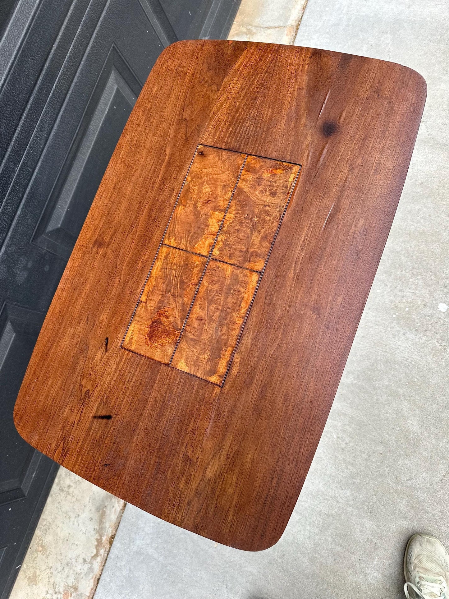 Vintage Mid Century Modern Walnut Side Table Burl Inlay Top – End Table with Shelf Storage