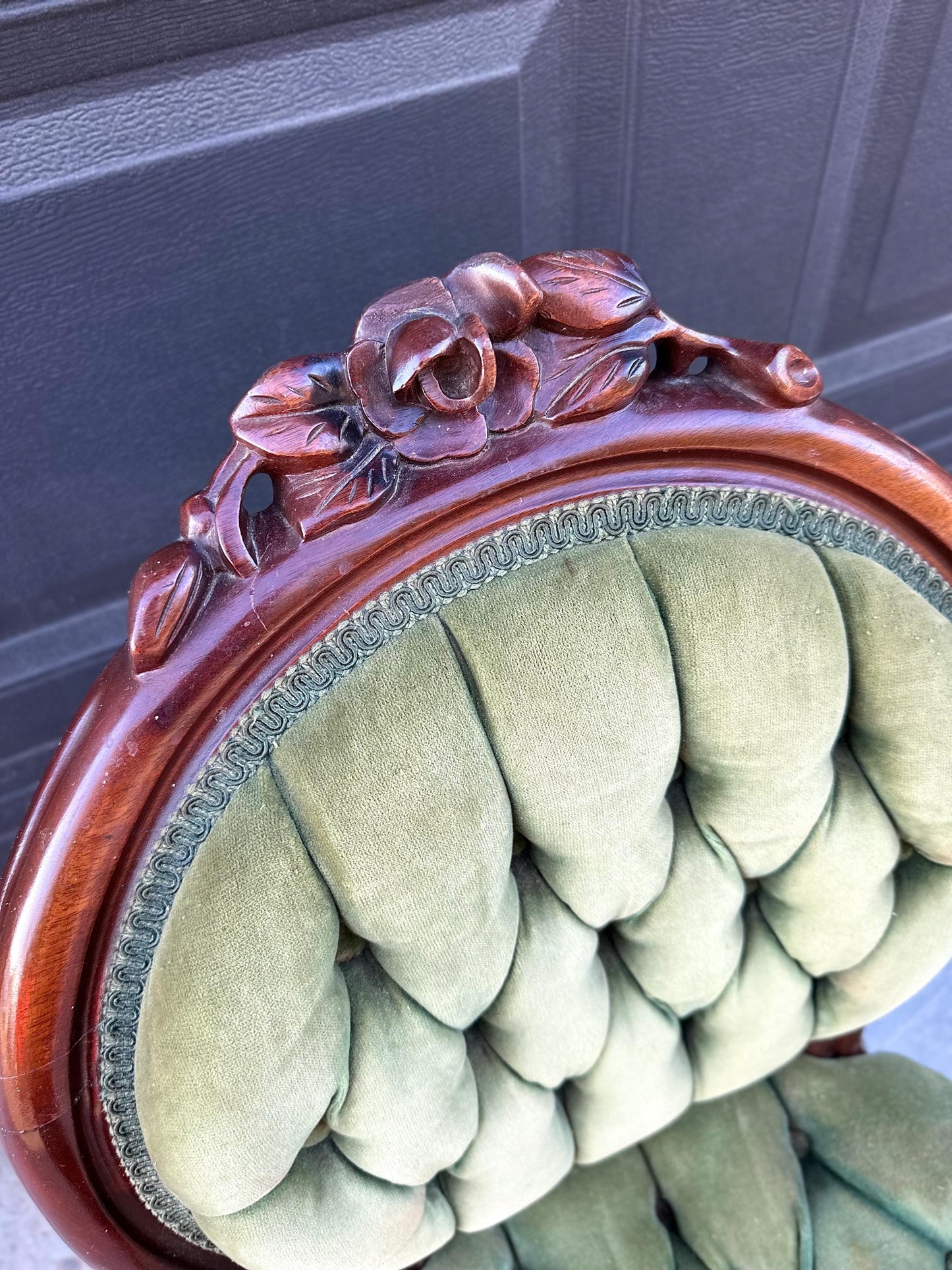 Vintage Early 20th Century Mahogany Wood & Upholstered Green Accent Chair