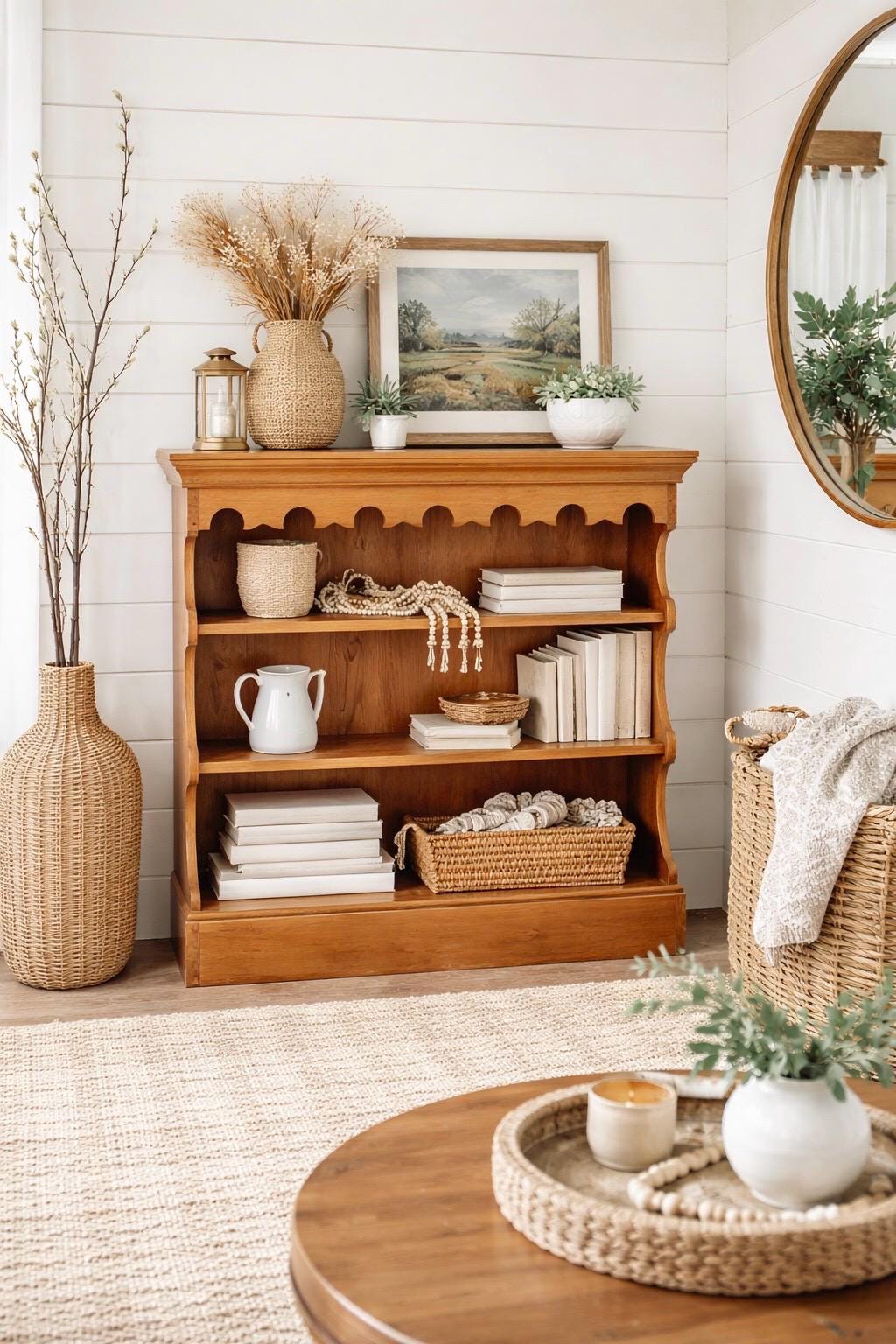 Vintage Mid 1900's Pine & Cherry Carved Cottagecore Solid Wood Bookshelf