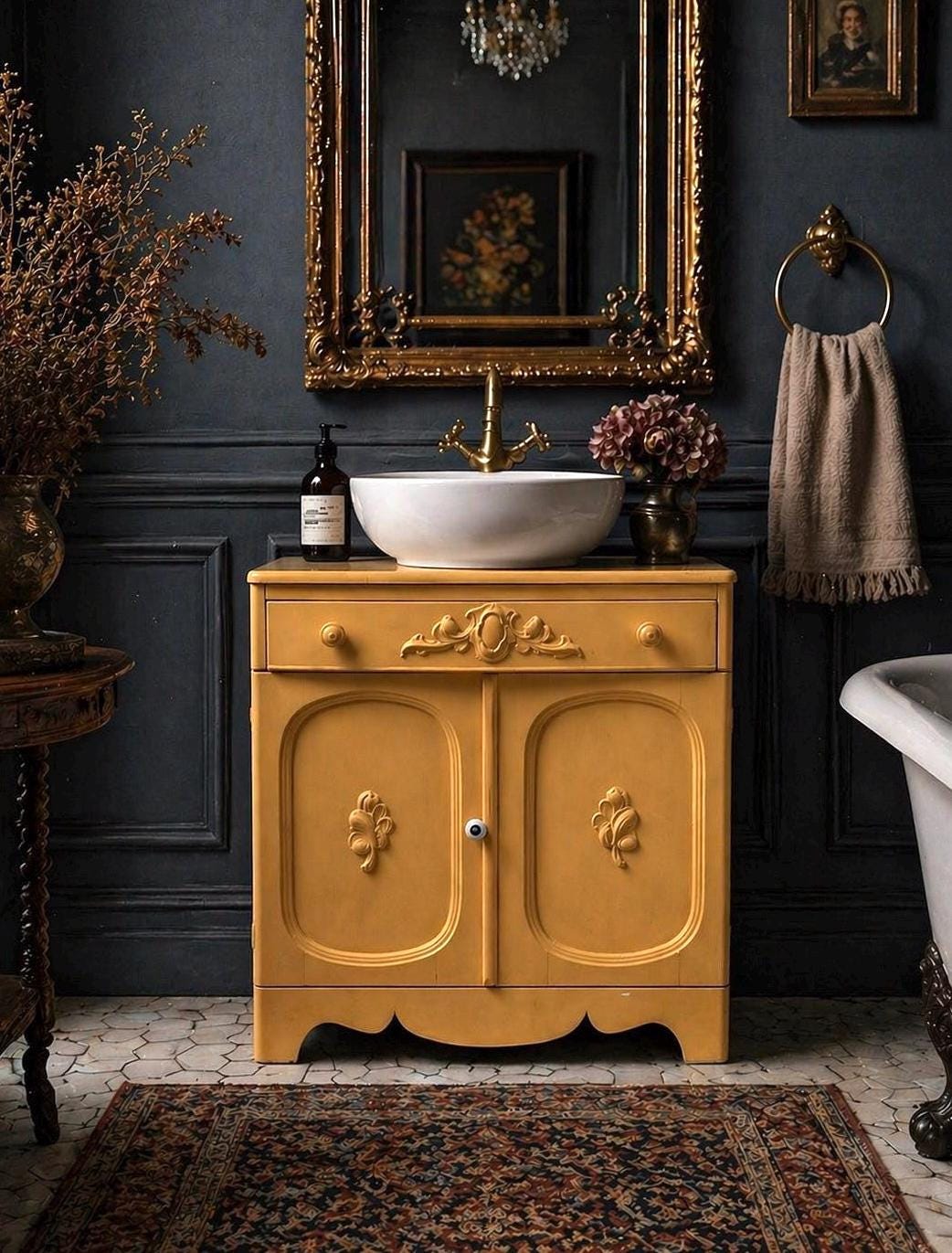 Vintage Early 20th Century Yellow Painted Solid Wood Sink Vanity Cabinet - Installation Ready