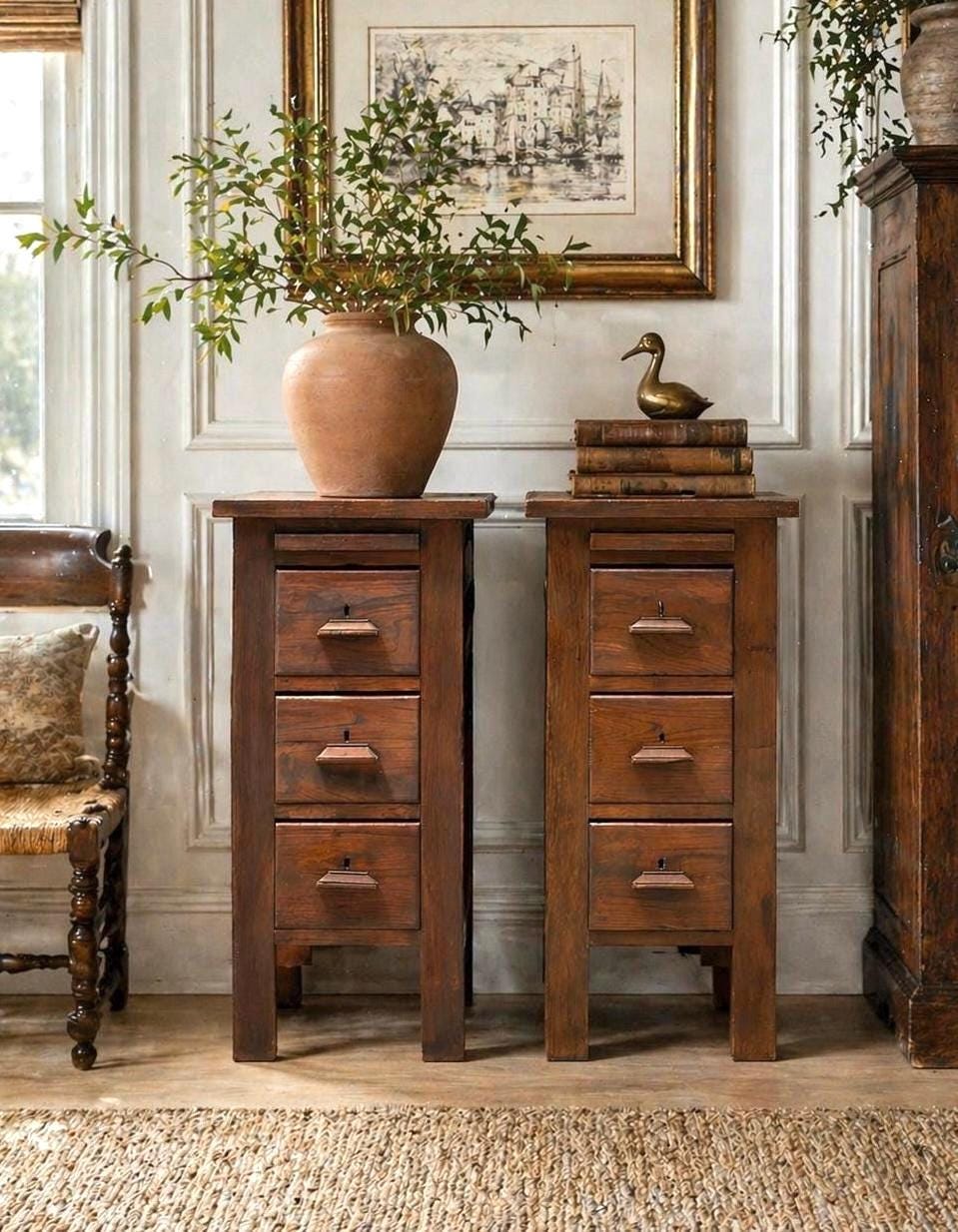 Vintage Early 20th Century Craftsman Walnut Wood Extending Side Tables with Skeleton Key & Drawer Storage - a Pair