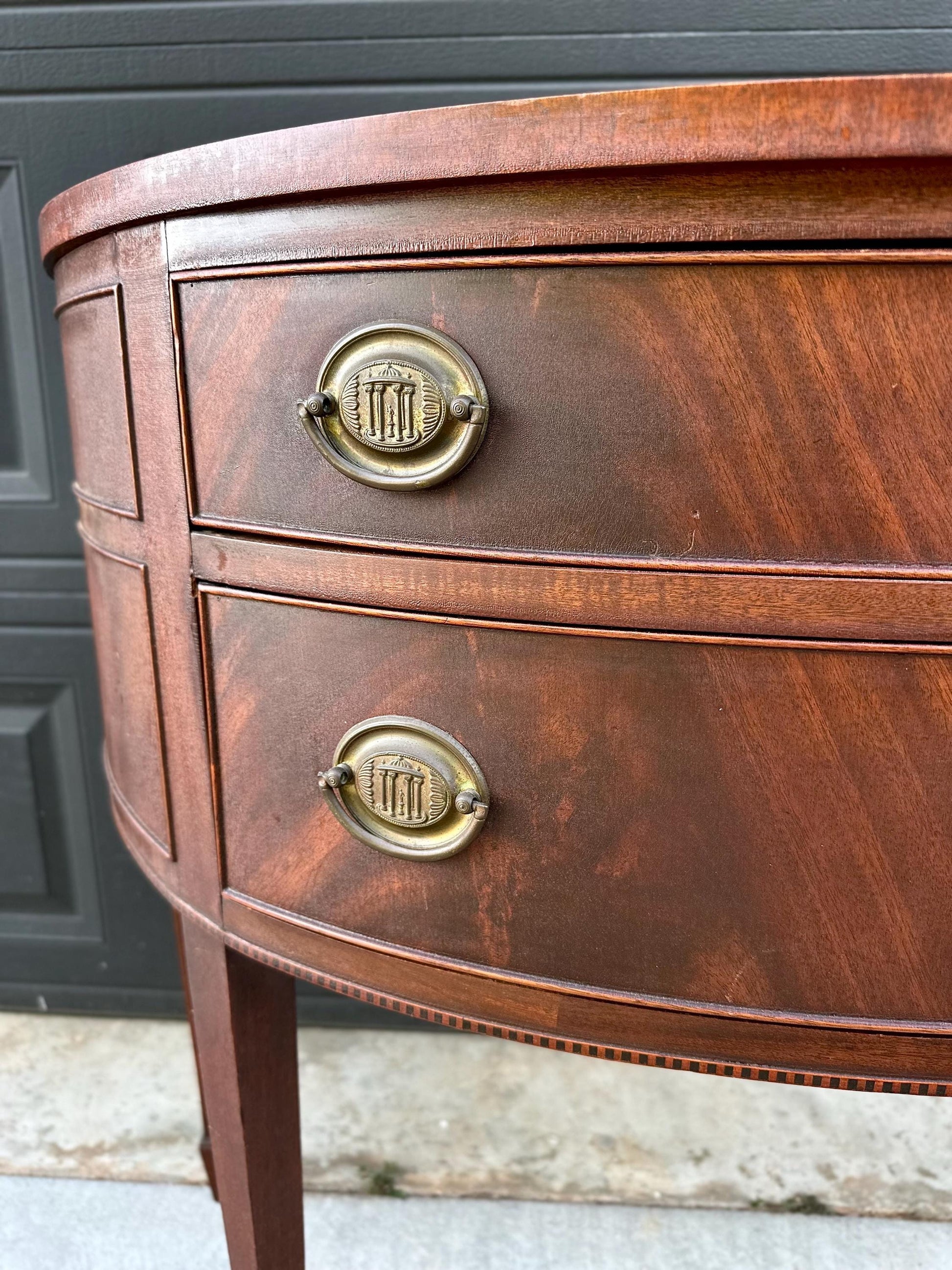 Vintage Early 20th Century Crotch Mahogany Half Round Two Drawer Sheraton Entry Hall Table