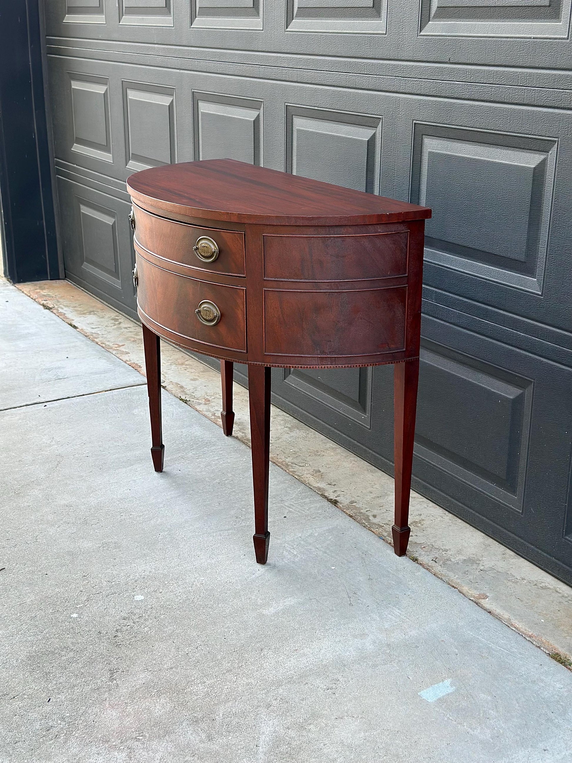 Vintage Early 20th Century Crotch Mahogany Half Round Two Drawer Sheraton Entry Hall Table