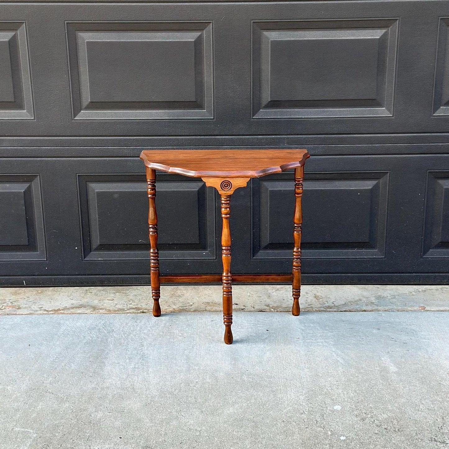 Antique Early 1900's Solid Wood Spindle Leg Small Half Round Light Cherry Accent Table