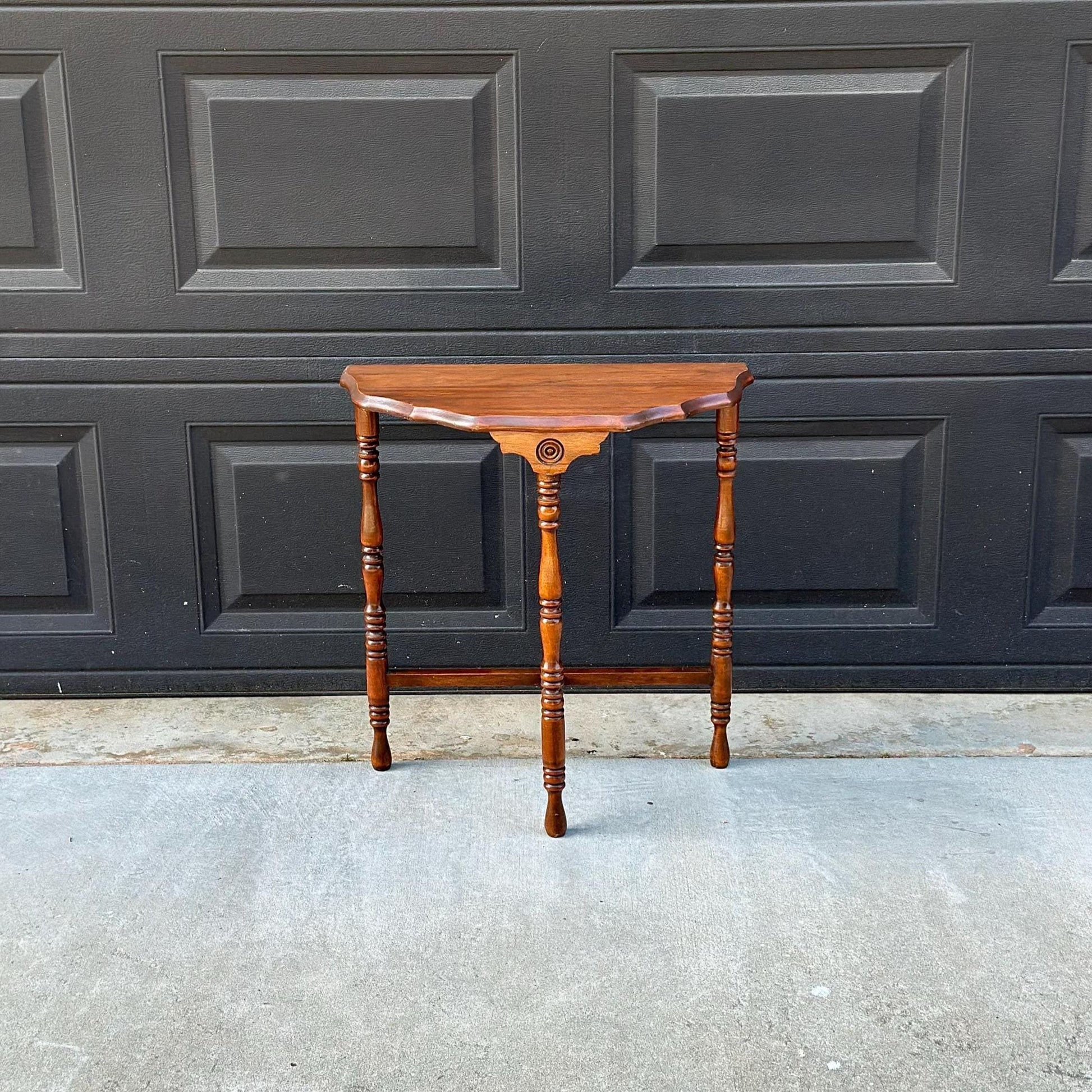 Antique Early 1900's Solid Wood Spindle Leg Small Half Round Light Cherry Accent Table