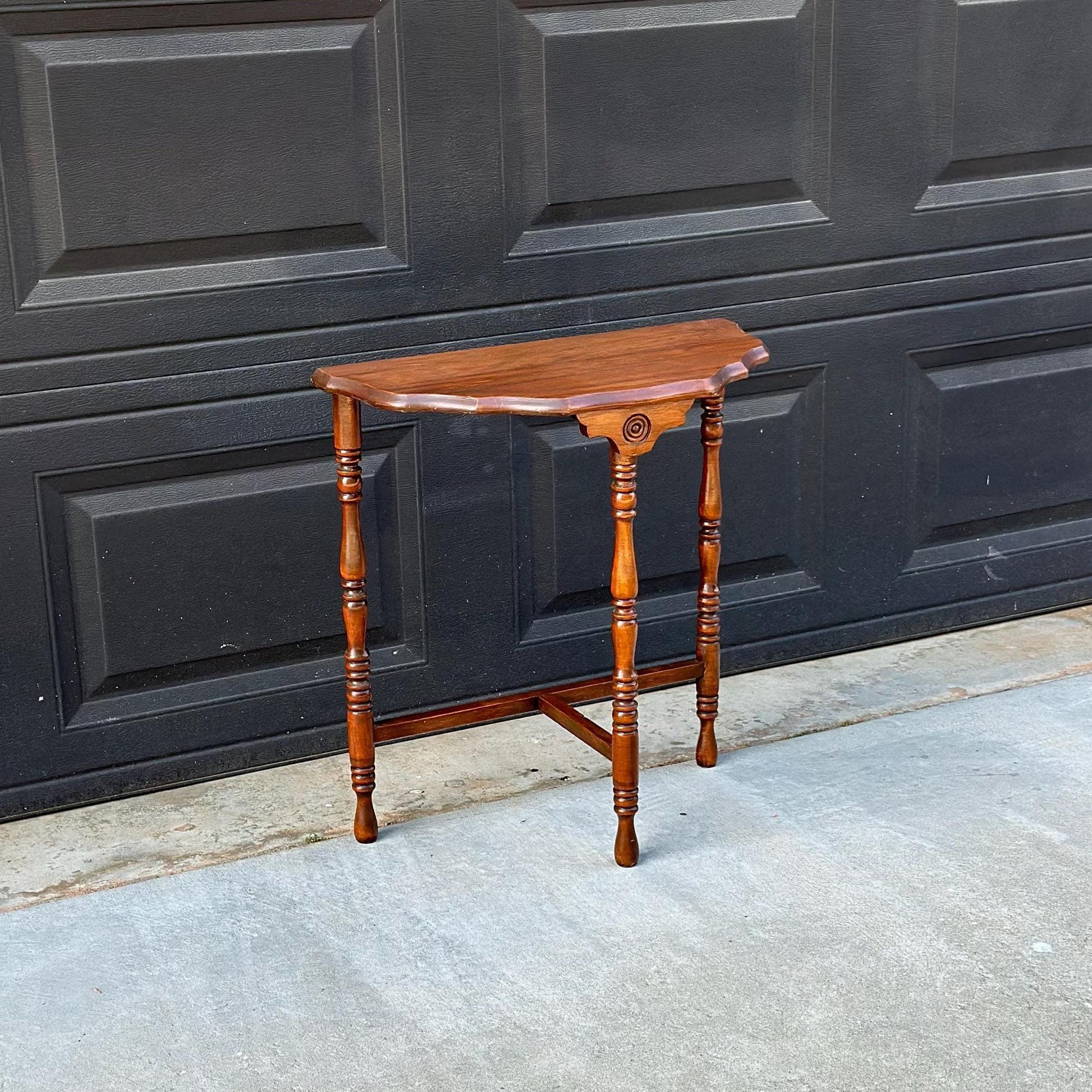 Antique Early 1900's Solid Wood Spindle Leg Small Half Round Light Cherry Accent Table