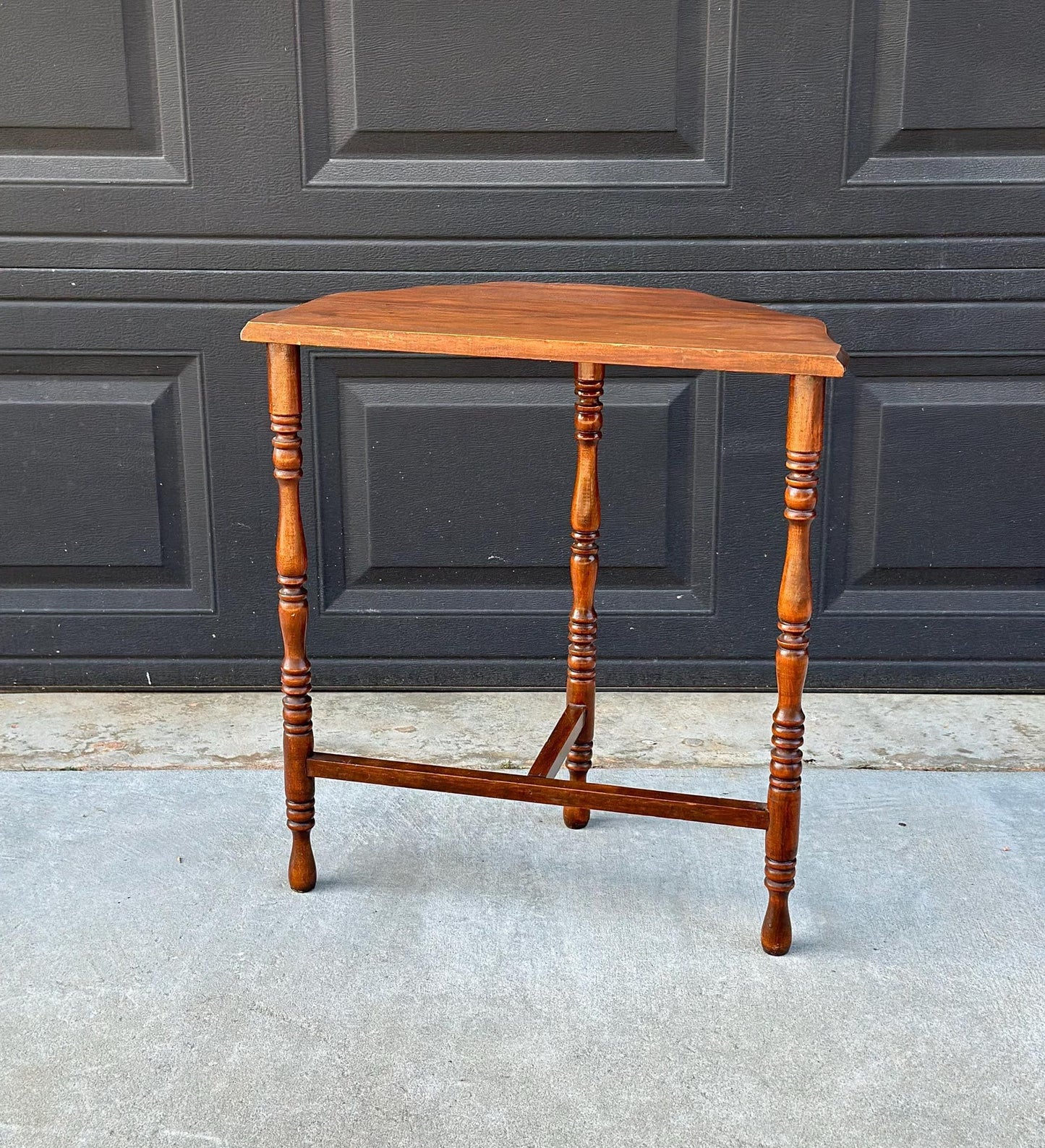 Antique Early 1900's Solid Wood Spindle Leg Small Half Round Light Cherry Accent Table