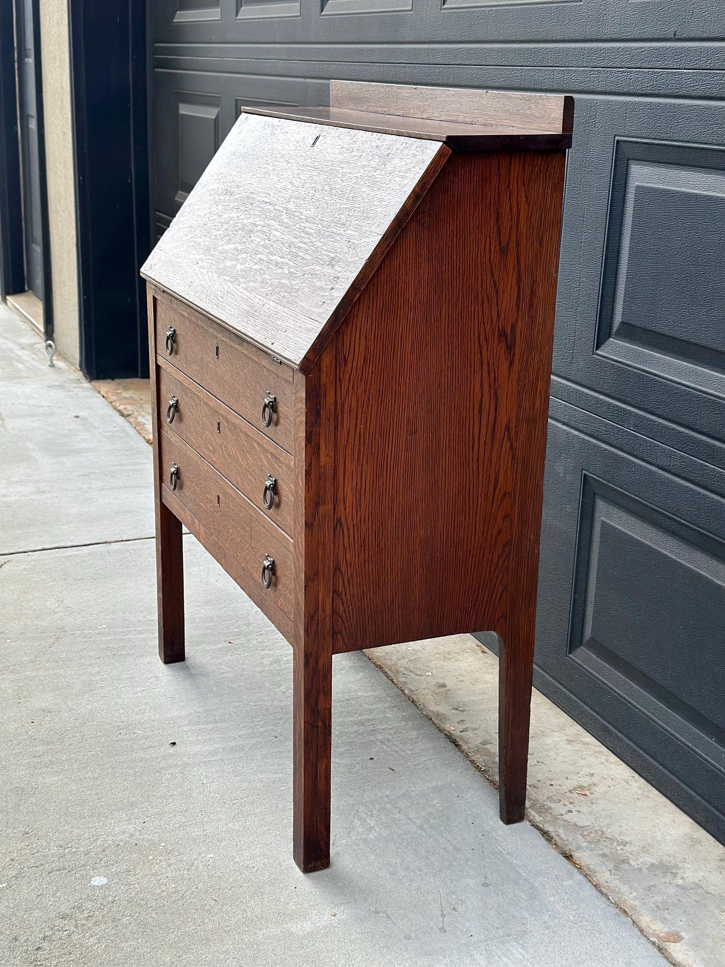 Vintage Early 20th Century Quarter Sawn Oak Drop Front Desk with Drawers - Solid Wood Accent Chest with Ring Pulls